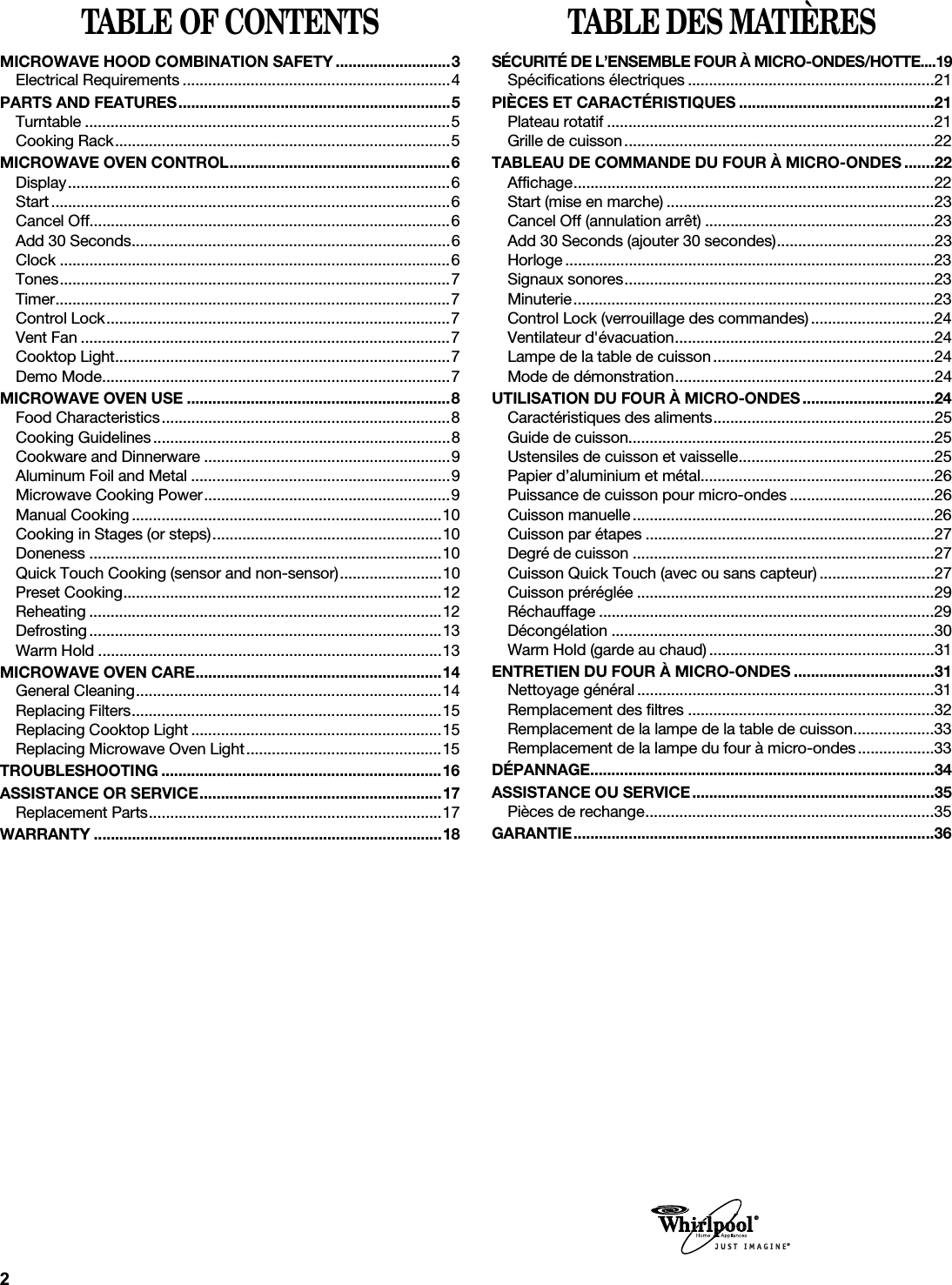 TABLE OF CONTENTSMICROWAVE HOOD COMBINATION SAFETY ...........................3Electrical Requirements ...............................................................4PARTS AND FEATURES................................................................5Turntable ......................................................................................5Cooking Rack...............................................................................5MICROWAVE OVEN CONTROL....................................................6Display..........................................................................................6Start..............................................................................................6Cancel Off.....................................................................................6Add 30 Seconds...........................................................................6Clock ............................................................................................6Tones............................................................................................7Timer.............................................................................................7Control Lock.................................................................................7Vent Fan .......................................................................................7Cooktop Light...............................................................................7Demo Mode..................................................................................7MICROWAVE OVEN USE ..............................................................8Food Characteristics....................................................................8Cooking Guidelines......................................................................8Cookware and Dinnerware ..........................................................9Aluminum Foil and Metal .............................................................9Microwave Cooking Power..........................................................9Manual Cooking .........................................................................10Cooking in Stages (or steps)......................................................10Doneness ...................................................................................10Quick Touch Cooking (sensor and non-sensor)........................10Preset Cooking...........................................................................12Reheating ...................................................................................12Defrosting...................................................................................13Warm Hold .................................................................................13MICROWAVE OVEN CARE..........................................................14General Cleaning........................................................................14Replacing Filters.........................................................................15Replacing Cooktop Light ...........................................................15Replacing Microwave Oven Light..............................................15TROUBLESHOOTING ..................................................................16ASSISTANCE OR SERVICE.........................................................17Replacement Parts.....................................................................17WARRANTY ..................................................................................18TABLE DES MATIÈRESSÉCURITÉ DE L’ENSEMBLE FOUR À MICRO-ONDES/HOTTE....19Spécifications électriques ..........................................................21PIÈCES ET CARACTÉRISTIQUES ..............................................21Plateau rotatif .............................................................................21Grille de cuisson.........................................................................22TABLEAU DE COMMANDE DU FOUR À MICRO-ONDES .......22Affichage.....................................................................................22Start (mise en marche) ...............................................................23Cancel Off (annulation arrêt) ......................................................23Add 30 Seconds (ajouter 30 secondes).....................................23Horloge .......................................................................................23Signaux sonores.........................................................................23Minuterie.....................................................................................23Control Lock (verrouillage des commandes).............................24Ventilateur d&apos;évacuation.............................................................24Lampe de la table de cuisson....................................................24Mode de démonstration.............................................................24UTILISATION DU FOUR À MICRO-ONDES...............................24Caractéristiques des aliments....................................................25Guide de cuisson........................................................................25Ustensiles de cuisson et vaisselle..............................................25Papier d’aluminium et métal.......................................................26Puissance de cuisson pour micro-ondes ..................................26Cuisson manuelle.......................................................................26Cuisson par étapes ....................................................................27Degré de cuisson .......................................................................27Cuisson Quick Touch (avec ou sans capteur) ...........................27Cuisson préréglée ......................................................................29Réchauffage ...............................................................................29Décongélation ............................................................................30Warm Hold (garde au chaud) .....................................................31ENTRETIEN DU FOUR À MICRO-ONDES .................................31Nettoyage général ......................................................................31Remplacement des filtres ..........................................................32Remplacement de la lampe de la table de cuisson...................33Remplacement de la lampe du four à micro-ondes..................33DÉPANNAGE.................................................................................34ASSISTANCE OU SERVICE.........................................................35Pièces de rechange....................................................................35GARANTIE.....................................................................................36®
