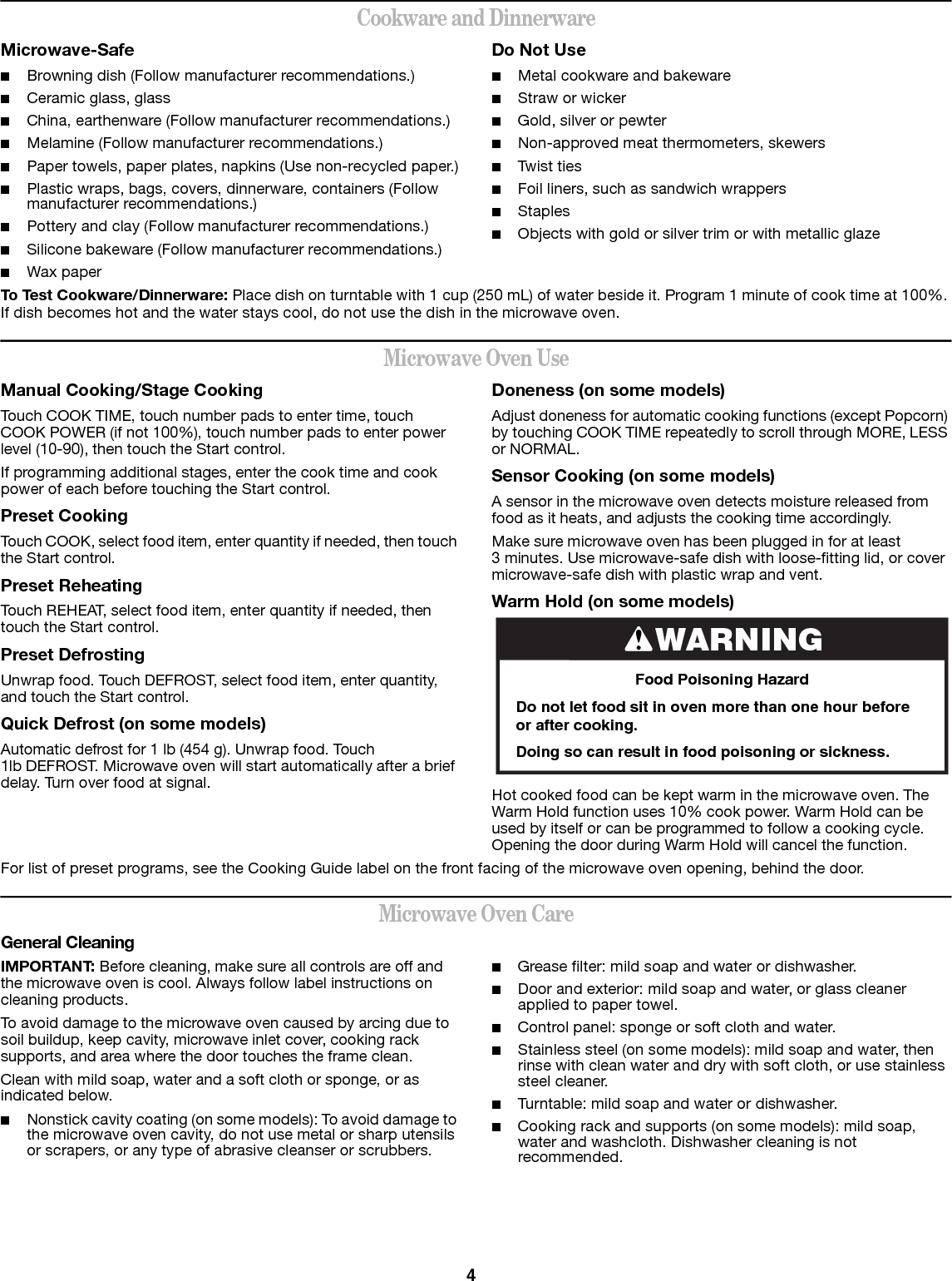 4Cookware and DinnerwareMicrowave-Safe■Browning dish (Follow manufacturer recommendations.)■Ceramic glass, glass■China, earthenware (Follow manufacturer recommendations.)■Melamine (Follow manufacturer recommendations.)■Paper towels, paper plates, napkins (Use non-recycled paper.)■Plastic wraps, bags, covers, dinnerware, containers (Follow manufacturer recommendations.)■Pottery and clay (Follow manufacturer recommendations.)■Silicone bakeware (Follow manufacturer recommendations.)■Wax paperDo Not Use■Metal cookware and bakeware■Straw or wicker■Gold, silver or pewter■Non-approved meat thermometers, skewers■Twist ties■Foil liners, such as sandwich wrappers■Staples■Objects with gold or silver trim or with metallic glazeTo Test Cookware/Dinnerware: Place dish on turntable with 1 cup (250 mL) of water beside it. Program 1 minute of cook time at 100%. If dish becomes hot and the water stays cool, do not use the dish in the microwave oven.Microwave Oven UseManual Cooking/Stage CookingTouch COOK TIME, touch number pads to enter time, touch COOK POWER (if not 100%), touch number pads to enter power level (10-90), then touch the Start control.If programming additional stages, enter the cook time and cook power of each before touching the Start control.Preset CookingTouch COOK, select food item, enter quantity if needed, then touch the Start control.Preset ReheatingTouch REHEAT, select food item, enter quantity if needed, then touch the Start control.Preset DefrostingUnwrap food. Touch DEFROST, select food item, enter quantity, and touch the Start control.Quick Defrost (on some models)Automatic defrost for 1 lb (454 g). Unwrap food. Touch 1lb DEFROST. Microwave oven will start automatically after a brief delay. Turn over food at signal.Doneness (on some models)Adjust doneness for automatic cooking functions (except Popcorn) by touching COOK TIME repeatedly to scroll through MORE, LESS or NORMAL.Sensor Cooking (on some models)A sensor in the microwave oven detects moisture released from food as it heats, and adjusts the cooking time accordingly.Make sure microwave oven has been plugged in for at least 3 minutes. Use microwave-safe dish with loose-fitting lid, or cover microwave-safe dish with plastic wrap and vent.Warm Hold (on some models)Hot cooked food can be kept warm in the microwave oven. The Warm Hold function uses 10% cook power. Warm Hold can be used by itself or can be programmed to follow a cooking cycle. Opening the door during Warm Hold will cancel the function.For list of preset programs, see the Cooking Guide label on the front facing of the microwave oven opening, behind the door.Microwave Oven CareGeneral CleaningIMPORTANT: Before cleaning, make sure all controls are off and the microwave oven is cool. Always follow label instructions on cleaning products.To avoid damage to the microwave oven caused by arcing due to soil buildup, keep cavity, microwave inlet cover, cooking rack supports, and area where the door touches the frame clean.Clean with mild soap, water and a soft cloth or sponge, or as indicated below.■Nonstick cavity coating (on some models): To avoid damage to the microwave oven cavity, do not use metal or sharp utensils or scrapers, or any type of abrasive cleanser or scrubbers.■Grease filter: mild soap and water or dishwasher.■Door and exterior: mild soap and water, or glass cleaner applied to paper towel.■Control panel: sponge or soft cloth and water.■Stainless steel (on some models): mild soap and water, then rinse with clean water and dry with soft cloth, or use stainless steel cleaner.■Turntable: mild soap and water or dishwasher.■Cooking rack and supports (on some models): mild soap, water and washcloth. Dishwasher cleaning is not recommended.WARNINGFood Poisoning HazardDo not let food sit in oven more than one hour before or after cooking.Doing so can result in food poisoning or sickness.