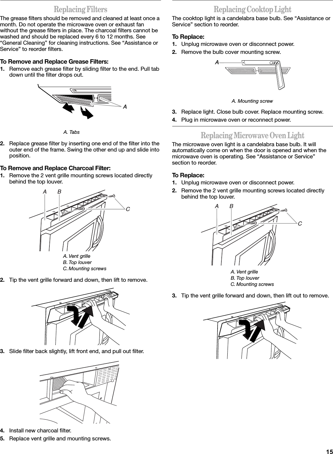 15Replacing FiltersThe grease filters should be removed and cleaned at least once a month. Do not operate the microwave oven or exhaust fan without the grease filters in place. The charcoal filters cannot be washed and should be replaced every 6 to 12 months. See “General Cleaning” for cleaning instructions. See “Assistance or Service” to reorder filters.To Remove and Replace Grease Filters:1. Remove each grease filter by sliding filter to the end. Pull tab down until the filter drops out.2. Replace grease filter by inserting one end of the filter into the outer end of the frame. Swing the other end up and slide into position.To Remove and Replace Charcoal Filter:1. Remove the 2 vent grille mounting screws located directly behind the top louver.2. Tip the vent grille forward and down, then lift to remove.3. Slide filter back slightly, lift front end, and pull out filter.4. Install new charcoal filter.5. Replace vent grille and mounting screws.Replacing Cooktop LightThe cooktop light is a candelabra base bulb. See “Assistance or Service” section to reorder.To Replace:1. Unplug microwave oven or disconnect power.2. Remove the bulb cover mounting screw.A. Mounting screw3. Replace light. Close bulb cover. Replace mounting screw.4. Plug in microwave oven or reconnect power.Replacing Microwave Oven LightThe microwave oven light is a candelabra base bulb. It will automatically come on when the door is opened and when the microwave oven is operating. See “Assistance or Service” section to reorder.To Replace:1. Unplug microwave oven or disconnect power.2. Remove the 2 vent grille mounting screws located directly behind the top louver.3. Tip the vent grille forward and down, then lift out to remove.A. TabsA. Vent grilleB. Top louverC. Mounting screwsAA       BCA. Vent grilleB. Top louverC. Mounting screwsAA       BC