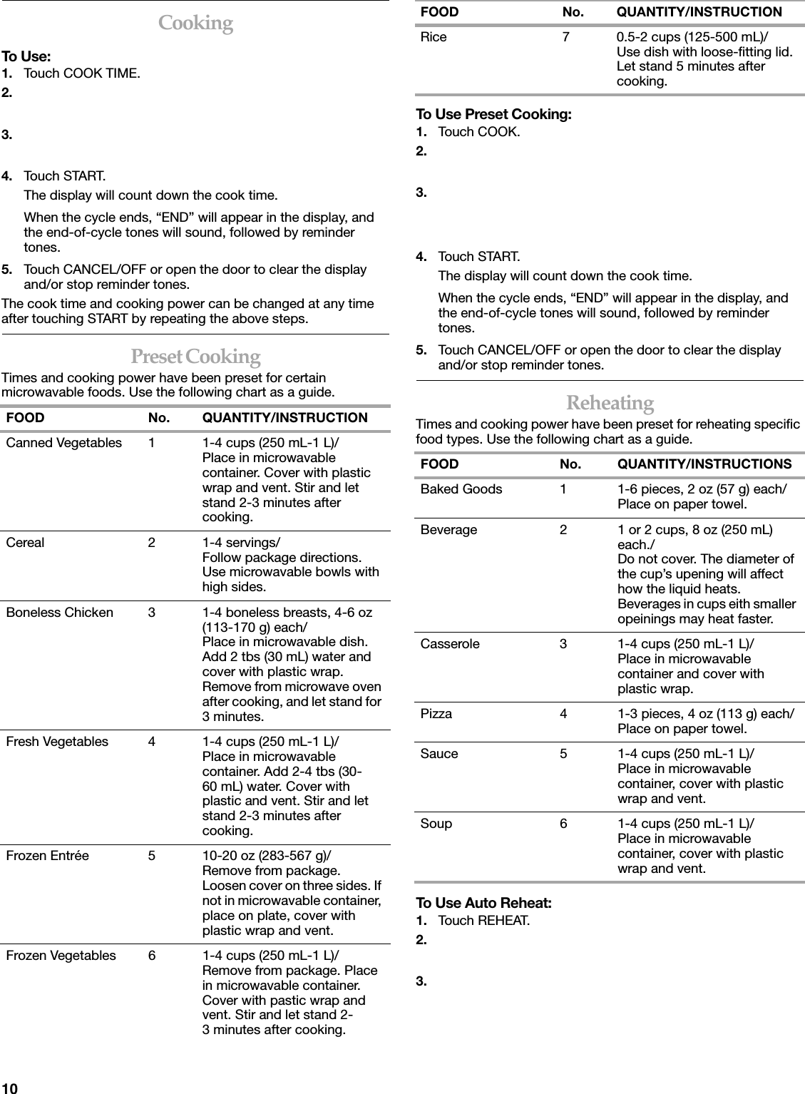 10CookingTo Use:1. Touch COOK TIME.2.3.4. Touch START.The display will count down the cook time.When the cycle ends, &ldquo;END&rdquo; will appear in the display, and the end-of-cycle tones will sound, followed by reminder tones.5. Touch CANCEL/OFF or open the door to clear the display and/or stop reminder tones.The cook time and cooking power can be changed at any time after touching START by repeating the above steps.Preset CookingTimes and cooking power have been preset for certain microwavable foods. Use the following chart as a guide.To Use Preset Cooking:1. Touch COOK.2.3.4. Touch START.The display will count down the cook time.When the cycle ends, &ldquo;END&rdquo; will appear in the display, and the end-of-cycle tones will sound, followed by reminder tones.5. Touch CANCEL/OFF or open the door to clear the display and/or stop reminder tones.ReheatingTimes and cooking power have been preset for reheating specific food types. Use the following chart as a guide.To Use Auto Reheat:1. Touch REHEAT.2.3.FOOD No. QUANTITY/INSTRUCTIONCanned Vegetables 1 1-4 cups (250 mL-1 L)/Place in microwavable container. Cover with plastic wrap and vent. Stir and let stand 2-3 minutes after cooking.Cereal 2 1-4 servings/Follow package directions. Use microwavable bowls with high sides.Boneless Chicken 3 1-4 boneless breasts, 4-6 oz (113-170 g) each/Place in microwavable dish. Add 2 tbs (30 mL) water and cover with plastic wrap. Remove from microwave oven after cooking, and let stand for 3 minutes.Fresh Vegetables 4 1-4 cups (250 mL-1 L)/Place in microwavable container. Add 2-4 tbs (30-60 mL) water. Cover with plastic and vent. Stir and let stand 2-3 minutes after cooking.Frozen Entr&eacute;e 5 10-20 oz (283-567 g)/Remove from package. Loosen cover on three sides. If not in microwavable container, place on plate, cover with plastic wrap and vent.Frozen Vegetables 6 1-4 cups (250 mL-1 L)/Remove from package. Place in microwavable container. Cover with pastic wrap and vent. Stir and let stand 2-3 minutes after cooking.Rice 7 0.5-2 cups (125-500 mL)/Use dish with loose-fitting lid. Let stand 5 minutes after cooking.FOOD No. QUANTITY/INSTRUCTIONSBaked Goods 1 1-6 pieces, 2 oz (57 g) each/Place on paper towel.Beverage 2 1 or 2 cups, 8 oz (250 mL) each./Do not cover. The diameter of the cup&rsquo;s upening will affect how the liquid heats. Beverages in cups eith smaller opeinings may heat faster.Casserole 3 1-4 cups (250 mL-1 L)/Place in microwavable container and cover with plastic wrap.Pizza 4 1-3 pieces, 4 oz (113 g) each/Place on paper towel.Sauce 5 1-4 cups (250 mL-1 L)/Place in microwavable container, cover with plastic wrap and vent.Soup 6 1-4 cups (250 mL-1 L)/Place in microwavable container, cover with plastic wrap and vent.FOOD No. QUANTITY/INSTRUCTION