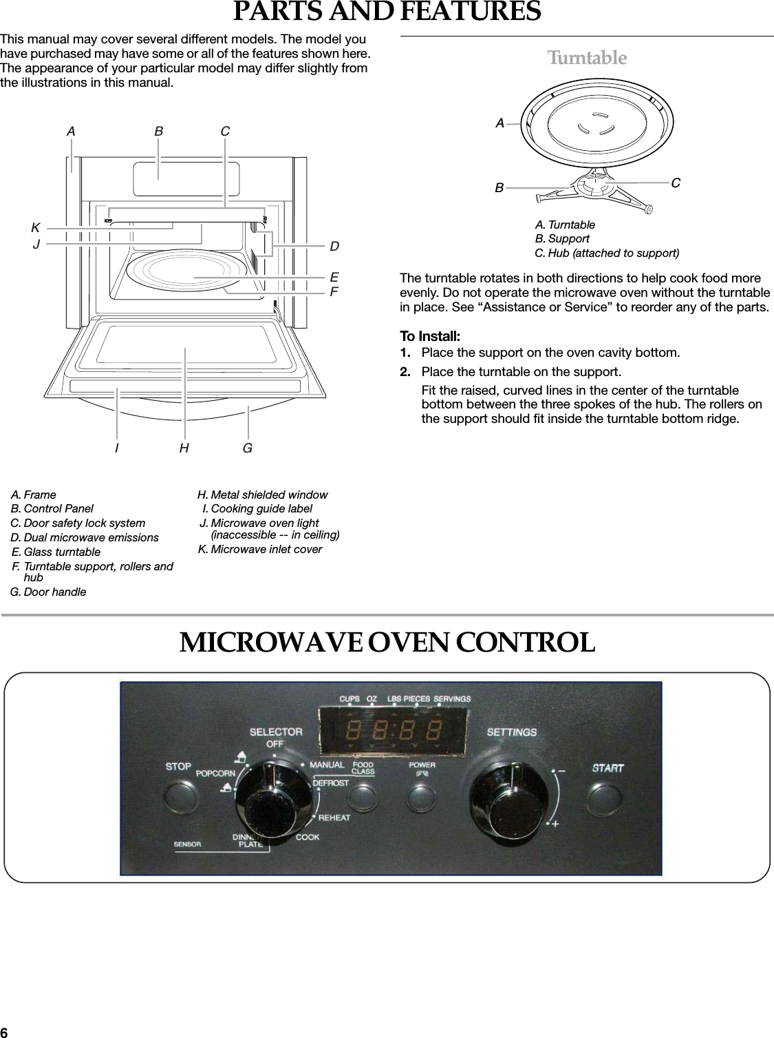 6PARTS AND FEATURESThis manual may cover several different models. The model you have purchased may have some or all of the features shown here. The appearance of your particular model may differ slightly from the illustrations in this manual.TurntableThe turntable rotates in both directions to help cook food more evenly. Do not operate the microwave oven without the turntable in place. See &ldquo;Assistance or Service&rdquo; to reorder any of the parts.To Install:1. Place the support on the oven cavity bottom.2. Place the turntable on the support.Fit the raised, curved lines in the center of the turntable bottom between the three spokes of the hub. The rollers on the support should fit inside the turntable bottom ridge.MICROWAVE OVEN CONTROLA. FrameB. Control PanelC. Door safety lock systemD. Dual microwave emissionsE. Glass turntableF. Turntable support, rollers and hubG. Door handleH. Metal shielded windowI. Cooking guide labelJ. Microwave oven light (inaccessible -- in ceiling)K. Microwave inlet coverA                      B                CI                 H               GKJDEFA. TurntableB. SupportC. Hub (attached to support)ABC