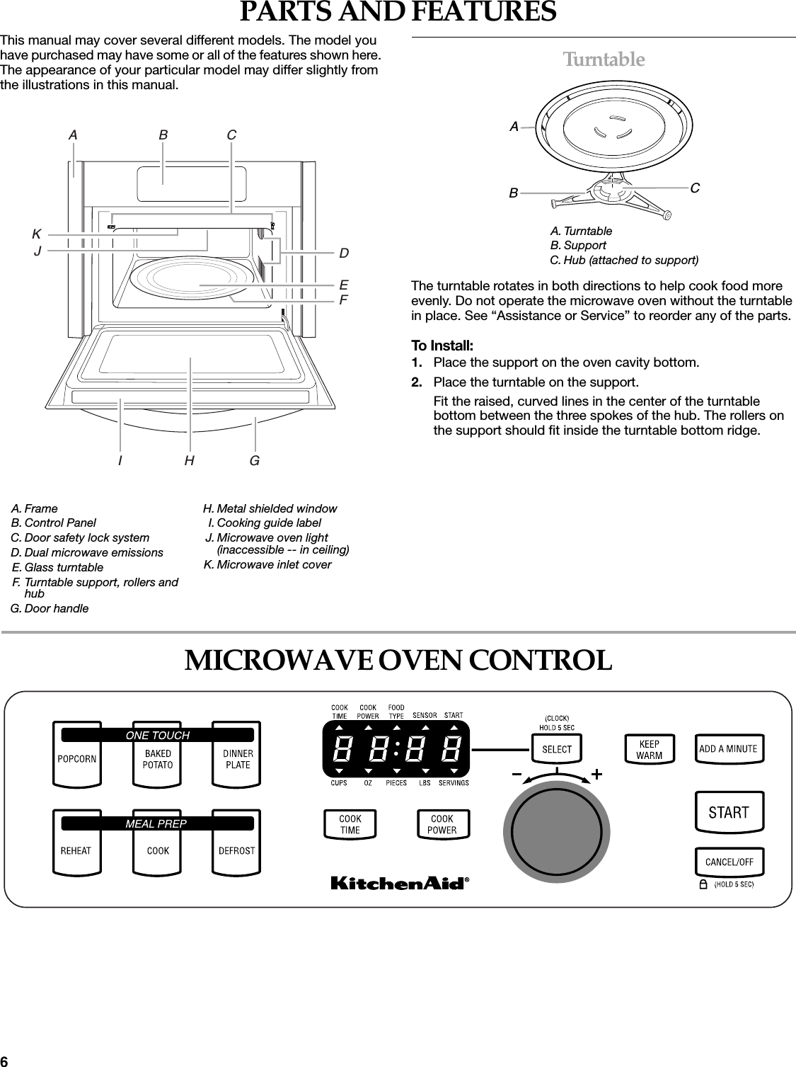6PARTS AND FEATURESThis manual may cover several different models. The model you have purchased may have some or all of the features shown here. The appearance of your particular model may differ slightly from the illustrations in this manual.Turn tableThe turntable rotates in both directions to help cook food more evenly. Do not operate the microwave oven without the turntable in place. See &ldquo;Assistance or Service&rdquo; to reorder any of the parts.To Install:1. Place the support on the oven cavity bottom.2. Place the turntable on the support.Fit the raised, curved lines in the center of the turntable bottom between the three spokes of the hub. The rollers on the support should fit inside the turntable bottom ridge.MICROWAVE OVEN CONTROLA. FrameB. Control PanelC. Door safety lock systemD. Dual microwave emissionsE. Glass turntableF. Turntable support, rollers and hubG. Door handleH. Metal shielded windowI. Cooking guide labelJ. Microwave oven light (inaccessible -- in ceiling)K. Microwave inlet coverA                      B                CI                 H               GKJDEFA. TurntableB. SupportC. Hub (attached to support)ABC