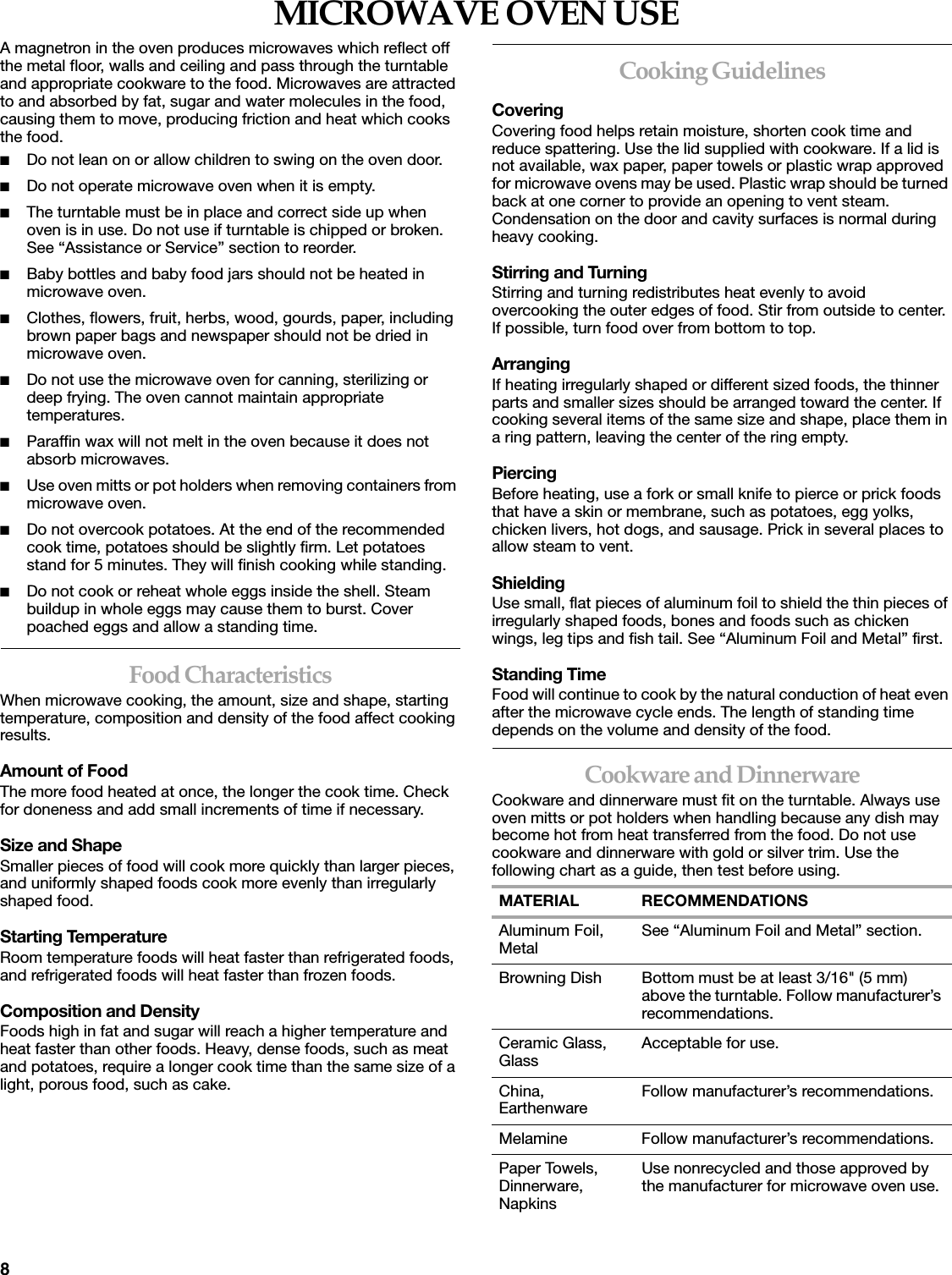 8MICROWAVE OVEN USEA magnetron in the oven produces microwaves which reflect off the metal floor, walls and ceiling and pass through the turntable and appropriate cookware to the food. Microwaves are attracted to and absorbed by fat, sugar and water molecules in the food, causing them to move, producing friction and heat which cooks the food.■Do not lean on or allow children to swing on the oven door.■Do not operate microwave oven when it is empty.■The turntable must be in place and correct side up when oven is in use. Do not use if turntable is chipped or broken. See &ldquo;Assistance or Service&rdquo; section to reorder.■Baby bottles and baby food jars should not be heated in microwave oven.■Clothes, flowers, fruit, herbs, wood, gourds, paper, including brown paper bags and newspaper should not be dried in microwave oven.■Do not use the microwave oven for canning, sterilizing or deep frying. The oven cannot maintain appropriate temperatures.■Paraffin wax will not melt in the oven because it does not absorb microwaves.■Use oven mitts or pot holders when removing containers from microwave oven.■Do not overcook potatoes. At the end of the recommended cook time, potatoes should be slightly firm. Let potatoes stand for 5 minutes. They will finish cooking while standing.■Do not cook or reheat whole eggs inside the shell. Steam buildup in whole eggs may cause them to burst. Cover poached eggs and allow a standing time.Food CharacteristicsWhen microwave cooking, the amount, size and shape, starting temperature, composition and density of the food affect cooking results.Amount of FoodThe more food heated at once, the longer the cook time. Check for doneness and add small increments of time if necessary.Size and ShapeSmaller pieces of food will cook more quickly than larger pieces, and uniformly shaped foods cook more evenly than irregularly shaped food. Starting TemperatureRoom temperature foods will heat faster than refrigerated foods, and refrigerated foods will heat faster than frozen foods.Composition and DensityFoods high in fat and sugar will reach a higher temperature and heat faster than other foods. Heavy, dense foods, such as meat and potatoes, require a longer cook time than the same size of a light, porous food, such as cake.Cooking GuidelinesCoveringCovering food helps retain moisture, shorten cook time and reduce spattering. Use the lid supplied with cookware. If a lid is not available, wax paper, paper towels or plastic wrap approved for microwave ovens may be used. Plastic wrap should be turned back at one corner to provide an opening to vent steam. Condensation on the door and cavity surfaces is normal during heavy cooking.Stirring and TurningStirring and turning redistributes heat evenly to avoid overcooking the outer edges of food. Stir from outside to center. If possible, turn food over from bottom to top.ArrangingIf heating irregularly shaped or different sized foods, the thinner parts and smaller sizes should be arranged toward the center. If cooking several items of the same size and shape, place them in a ring pattern, leaving the center of the ring empty.PiercingBefore heating, use a fork or small knife to pierce or prick foods that have a skin or membrane, such as potatoes, egg yolks, chicken livers, hot dogs, and sausage. Prick in several places to allow steam to vent.ShieldingUse small, flat pieces of aluminum foil to shield the thin pieces of irregularly shaped foods, bones and foods such as chicken wings, leg tips and fish tail. See &ldquo;Aluminum Foil and Metal&rdquo; first.Standing TimeFood will continue to cook by the natural conduction of heat even after the microwave cycle ends. The length of standing time depends on the volume and density of the food.Cookware and DinnerwareCookware and dinnerware must fit on the turntable. Always use oven mitts or pot holders when handling because any dish may become hot from heat transferred from the food. Do not use cookware and dinnerware with gold or silver trim. Use the following chart as a guide, then test before using.MATERIAL RECOMMENDATIONSAluminum Foil, Metal See &ldquo;Aluminum Foil and Metal&rdquo; section.Browning Dish Bottom must be at least 3/16" (5 mm) above the turntable. Follow manufacturer&rsquo;s recommendations.Ceramic Glass, Glass Acceptable for use.China, Earthenware Follow manufacturer&rsquo;s recommendations.Melamine Follow manufacturer&rsquo;s recommendations.Paper Towels, Dinnerware, NapkinsUse nonrecycled and those approved by the manufacturer for microwave oven use.