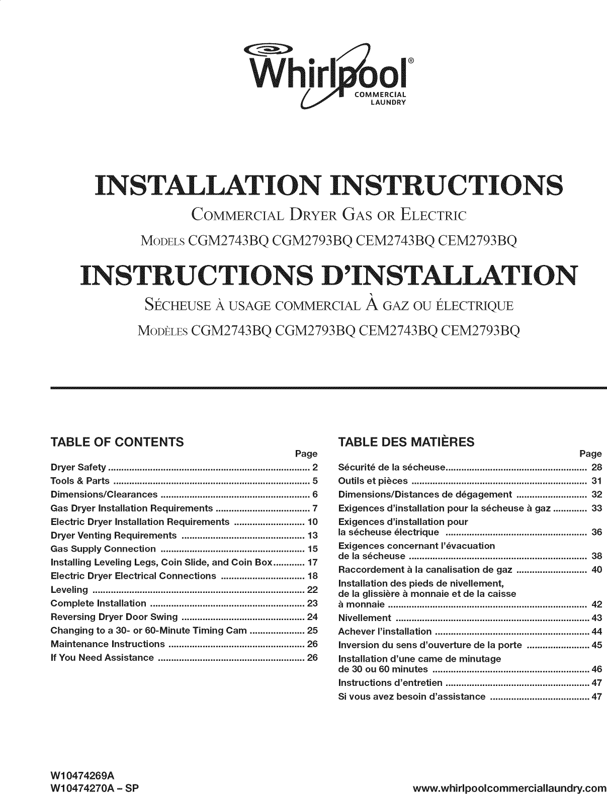 Whirlpool CEM2743BQ0 User Manual COMMERCIAL ELECTRIC DRYER Manuals And