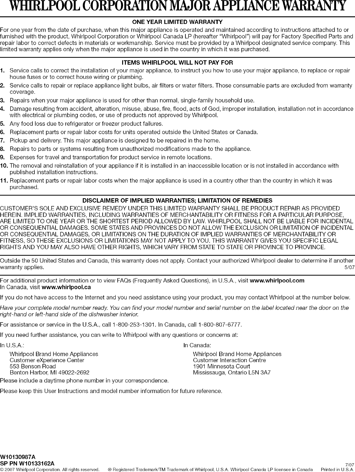 Page 6 of 12 - Whirlpool DU810SWPQ4 User Manual  UNDERCOUNTER DISHWASHER - Manuals And Guides L0711229