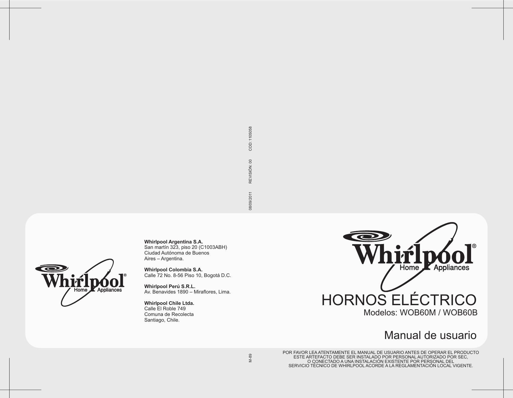 M 89 MANUAL DE USUARIO HORNO ELÉCTRICO WHIRLPOOL CHILE WOB60ME
