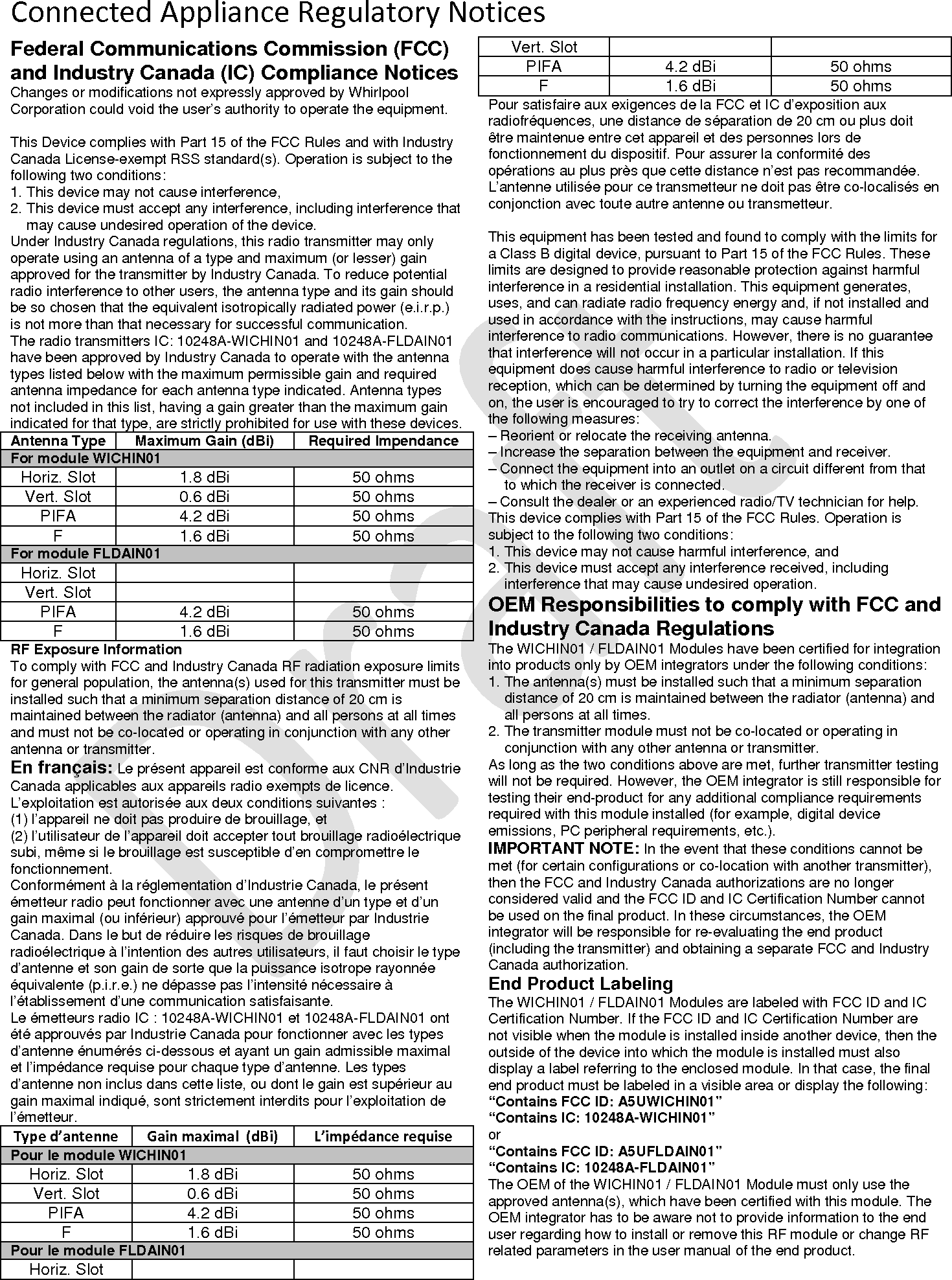  Connected Appliance Regulatory NoticesFederal Communications Commission (FCC) and Industry Canada (IC) Compliance Notices Changes or modifications not expressly approved by Whirlpool Corporation could void the user&rsquo;s authority to operate the equipment.   This Device complies with Part 15 of the FCC Rules and with Industry  Canada License-exempt RSS standard(s). Operation is subject to the following two conditions:  1. This device may not cause interference,  2. This device must accept any interference, including interference that may cause undesired operation of the device.  Under Industry Canada regulations, this radio transmitter may only operate using an antenna of a type and maximum (or lesser) gain approved for the transmitter by Industry Canada. To reduce potential radio interference to other users, the antenna type and its gain should be so chosen that the equivalent isotropically radiated power (e.i.r.p.) is not more than that necessary for successful communication.  The radio transmitters IC: 10248A-WICHIN01 and 10248A-FLDAIN01 have been approved by Industry Canada to operate with the antenna types listed below with the maximum permissible gain and required antenna impedance for each antenna type indicated. Antenna types not included in this list, having a gain greater than the maximum gain indicated for that type, are strictly prohibited for use with these devices.  Antenna Type Maximum Gain (dBi) Required Impendance  For module WICHIN01  Horiz. Slot 1.8 dBi 50 ohms Vert. Slot 0.6 dBi 50 ohms PIFA 4.2 dBi 50 ohms F 1.6 dBi 50 ohms For module FLDAIN01 Horiz. Slot   Vert. Slot   PIFA 4.2 dBi 50 ohms F 1.6 dBi 50 ohms RF Exposure Information  To comply with FCC and Industry Canada RF radiation exposure limits for general population, the antenna(s) used for this transmitter must be installed such that a minimum separation distance of 20 cm is maintained between the radiator (antenna) and all persons at all times and must not be co-located or operating in conjunction with any other antenna or transmitter.  En fran&ccedil;ais: Le pr&eacute;sent appareil est conforme aux CNR d&rsquo;Industrie Canada applicables aux appareils radio exempts de licence. L&rsquo;exploitation est autoris&eacute;e aux deux conditions suivantes :  (1) l&rsquo;appareil ne doit pas produire de brouillage, et  (2) l&rsquo;utilisateur de l&rsquo;appareil doit accepter tout brouillage radio&eacute;lectrique subi, m&ecirc;me si le brouillage est susceptible d&rsquo;en compromettre le fonctionnement.  Conform&eacute;ment &agrave; la r&eacute;glementation d&rsquo;Industrie Canada, le pr&eacute;sent &eacute;metteur radio peut fonctionner avec une antenne d&rsquo;un type et d&rsquo;un gain maximal (ou inf&eacute;rieur) approuv&eacute; pour l&rsquo;&eacute;metteur par Industrie Canada. Dans le but de r&eacute;duire les risques de brouillage radio&eacute;lectrique &agrave; l&rsquo;intention des autres utilisateurs, il faut choisir le type d&rsquo;antenne et son gain de sorte que la puissance isotrope rayonn&eacute;e &eacute;quivalente (p.i.r.e.) ne d&eacute;passe pas l&rsquo;intensit&eacute; n&eacute;cessaire &agrave; l&rsquo;&eacute;tablissement d&rsquo;une communication satisfaisante.  Le &eacute;metteurs radio IC : 10248A-WICHIN01 et 10248A-FLDAIN01 ont &eacute;t&eacute; approuv&eacute;s par Industrie Canada pour fonctionner avec les types d&rsquo;antenne &eacute;num&eacute;r&eacute;s ci-dessous et ayant un gain admissible maximal et l&rsquo;imp&eacute;dance requise pour chaque type d&rsquo;antenne. Les types d&rsquo;antenne non inclus dans cette liste, ou dont le gain est sup&eacute;rieur au gain maximal indiqu&eacute;, sont strictement interdits pour l&rsquo;exploitation de l&rsquo;&eacute;metteur.  Type d&rsquo;antenne Gain maximal  (dBi) L&rsquo;imp&eacute;dance requise  Pour le module WICHIN01 Horiz. Slot 1.8 dBi 50 ohms Vert. Slot 0.6 dBi 50 ohms PIFA 4.2 dBi 50 ohms F 1.6 dBi 50 ohms Pour le module FLDAIN01  Horiz. Slot   Vert. Slot   PIFA 4.2 dBi 50 ohms F 1.6 dBi 50 ohms Pour satisfaire aux exigences de la FCC et IC d&rsquo;exposition aux radiofr&eacute;quences, une distance de s&eacute;paration de 20 cm ou plus doit &ecirc;tre maintenue entre cet appareil et des personnes lors de fonctionnement du dispositif. Pour assurer la conformit&eacute; des op&eacute;rations au plus pr&egrave;s que cette distance n&rsquo;est pas recommand&eacute;e. L&rsquo;antenne utilis&eacute;e pour ce transmetteur ne doit pas &ecirc;tre co-localis&eacute;s en conjonction avec toute autre antenne ou transmetteur.   This equipment has been tested and found to comply with the limits for a Class B digital device, pursuant to Part 15 of the FCC Rules. These limits are designed to provide reasonable protection against harmful interference in a residential installation. This equipment generates, uses, and can radiate radio frequency energy and, if not installed and used in accordance with the instructions, may cause harmful interference to radio communications. However, there is no guarantee that interference will not occur in a particular installation. If this equipment does cause harmful interference to radio or television reception, which can be determined by turning the equipment off and on, the user is encouraged to try to correct the interference by one of the following measures: &ndash; Reorient or relocate the receiving antenna.  &ndash; Increase the separation between the equipment and receiver. &ndash; Connect the equipment into an outlet on a circuit different from that to which the receiver is connected.  &ndash; Consult the dealer or an experienced radio/TV technician for help.  This device complies with Part 15 of the FCC Rules. Operation is subject to the following two conditions:  1. This device may not cause harmful interference, and  2. This device must accept any interference received, including interference that may cause undesired operation.  OEM Responsibilities to comply with FCC and Industry Canada Regulations The WICHIN01 / FLDAIN01 Modules have been certified for integration into products only by OEM integrators under the following conditions:  1. The antenna(s) must be installed such that a minimum separation distance of 20 cm is maintained between the radiator (antenna) and all persons at all times.  2. The transmitter module must not be co-located or operating in conjunction with any other antenna or transmitter.  As long as the two conditions above are met, further transmitter testing will not be required. However, the OEM integrator is still responsible for testing their end-product for any additional compliance requirements required with this module installed (for example, digital device emissions, PC peripheral requirements, etc.).  IMPORTANT NOTE: In the event that these conditions cannot be met (for certain configurations or co-location with another transmitter), then the FCC and Industry Canada authorizations are no longer considered valid and the FCC ID and IC Certification Number cannot be used on the final product. In these circumstances, the OEM integrator will be responsible for re-evaluating the end product (including the transmitter) and obtaining a separate FCC and Industry Canada authorization.  End Product Labeling  The WICHIN01 / FLDAIN01 Modules are labeled with FCC ID and IC Certification Number. If the FCC ID and IC Certification Number are not visible when the module is installed inside another device, then the outside of the device into which the module is installed must also display a label referring to the enclosed module. In that case, the final end product must be labeled in a visible area or display the following: &ldquo;Contains FCC ID: A5UWICHIN01&rdquo;  &ldquo;Contains IC: 10248A-WICHIN01&rdquo;  or &ldquo;Contains FCC ID: A5UFLDAIN01&rdquo;  &ldquo;Contains IC: 10248A-FLDAIN01&rdquo;  The OEM of the WICHIN01 / FLDAIN01 Module must only use the approved antenna(s), which have been certified with this module. The OEM integrator has to be aware not to provide information to the end user regarding how to install or remove this RF module or change RF related parameters in the user manual of the end product.  
