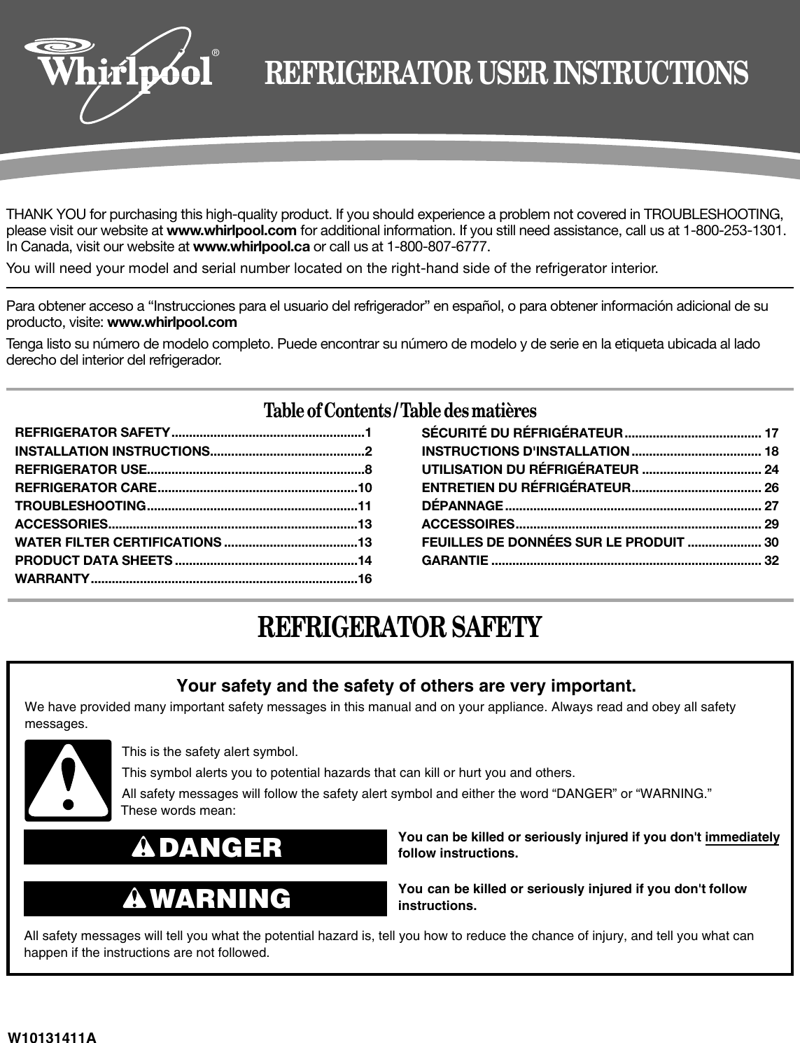Whirlpool Refrigerator Et1Fhtxmq04 Users Manual