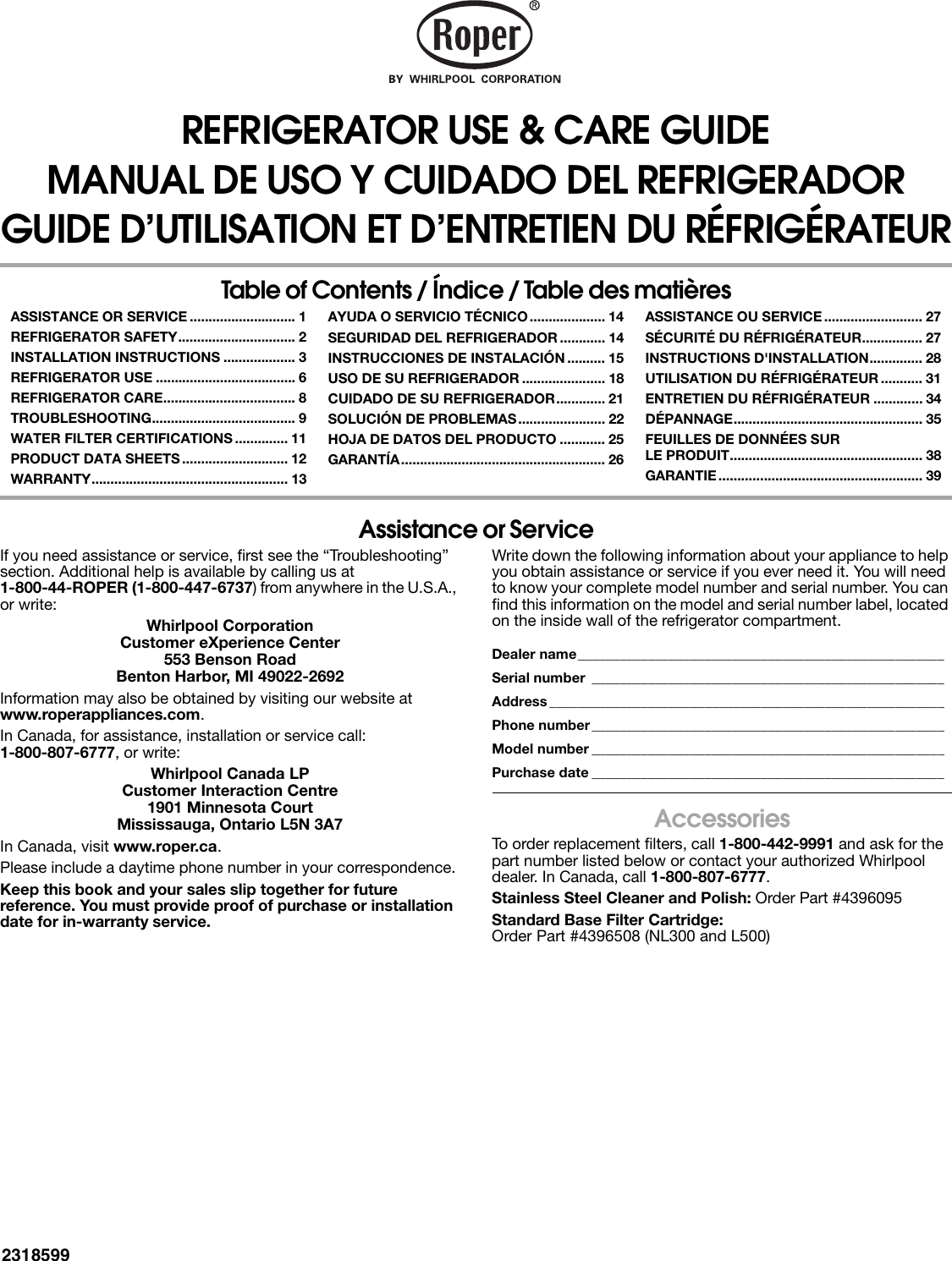 Whirlpool Roper Rs22Aqxmq01 Users Manual
