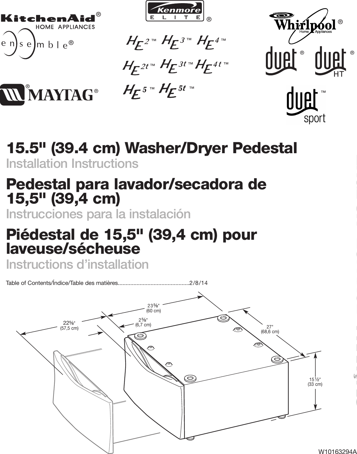 Whirlpool Washer Dryer Pedestal Users Manual YB70940_W10163294A 2