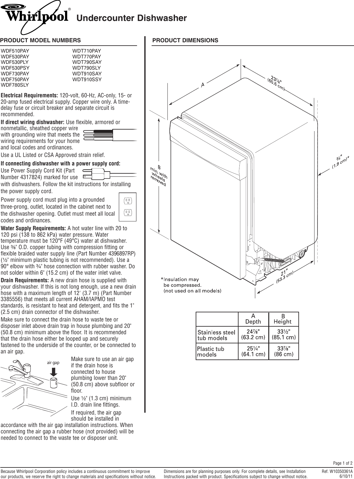 Page 1 of 2 - Whirlpool Whirlpool-Whirlpool-Dishwasher-Wdf510Pay-Users-Manual- Wdf530payw Quick Specs  Whirlpool-whirlpool-dishwasher-wdf510pay-users-manual