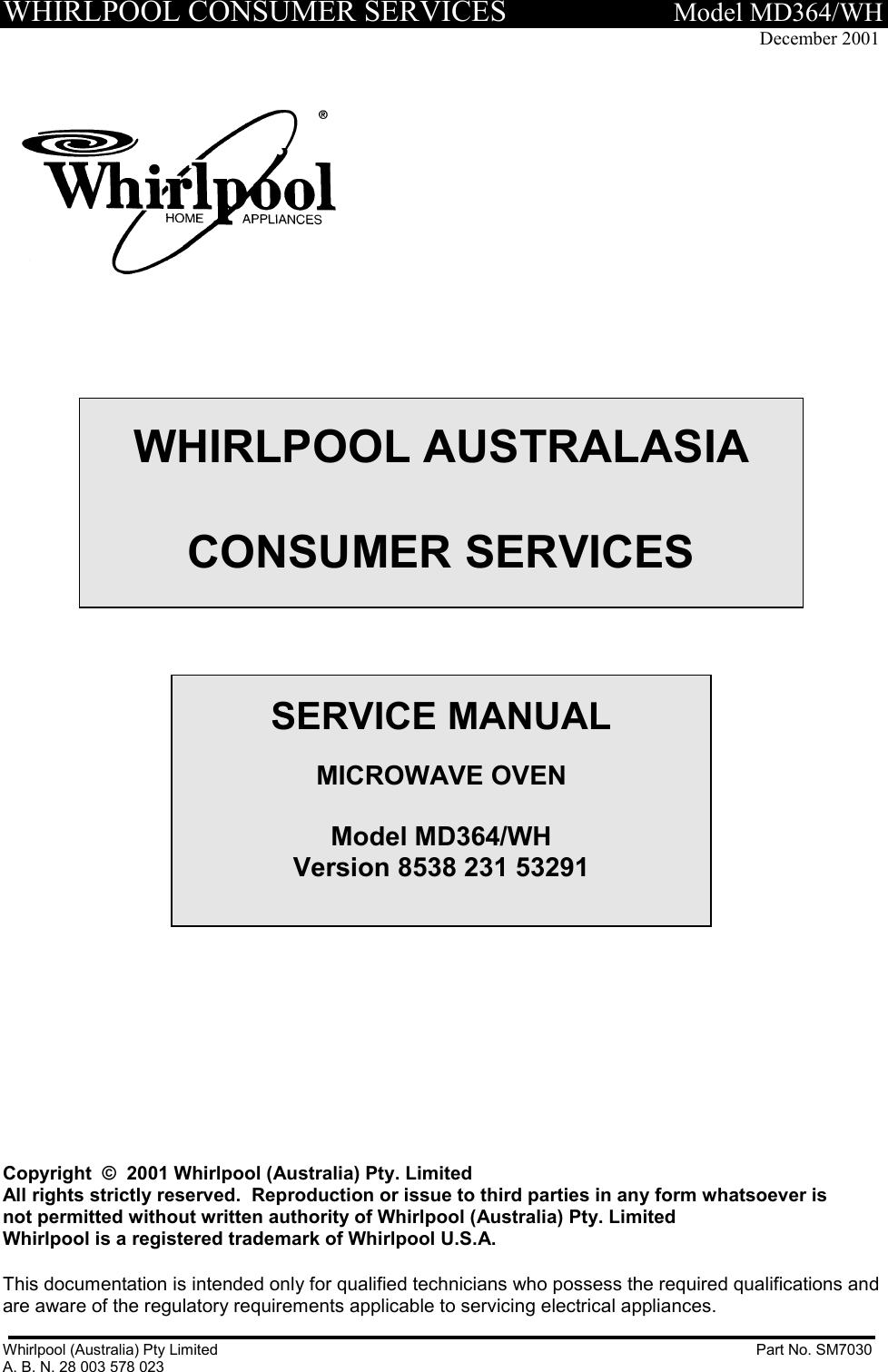 Page 1 of 10 - Whirlpool Whirlpool-Whirlpool-Microwave-Oven-Md364-Wh-Users-Manual- .TECHNICAL DATA.  Whirlpool-whirlpool-microwave-oven-md364-wh-users-manual