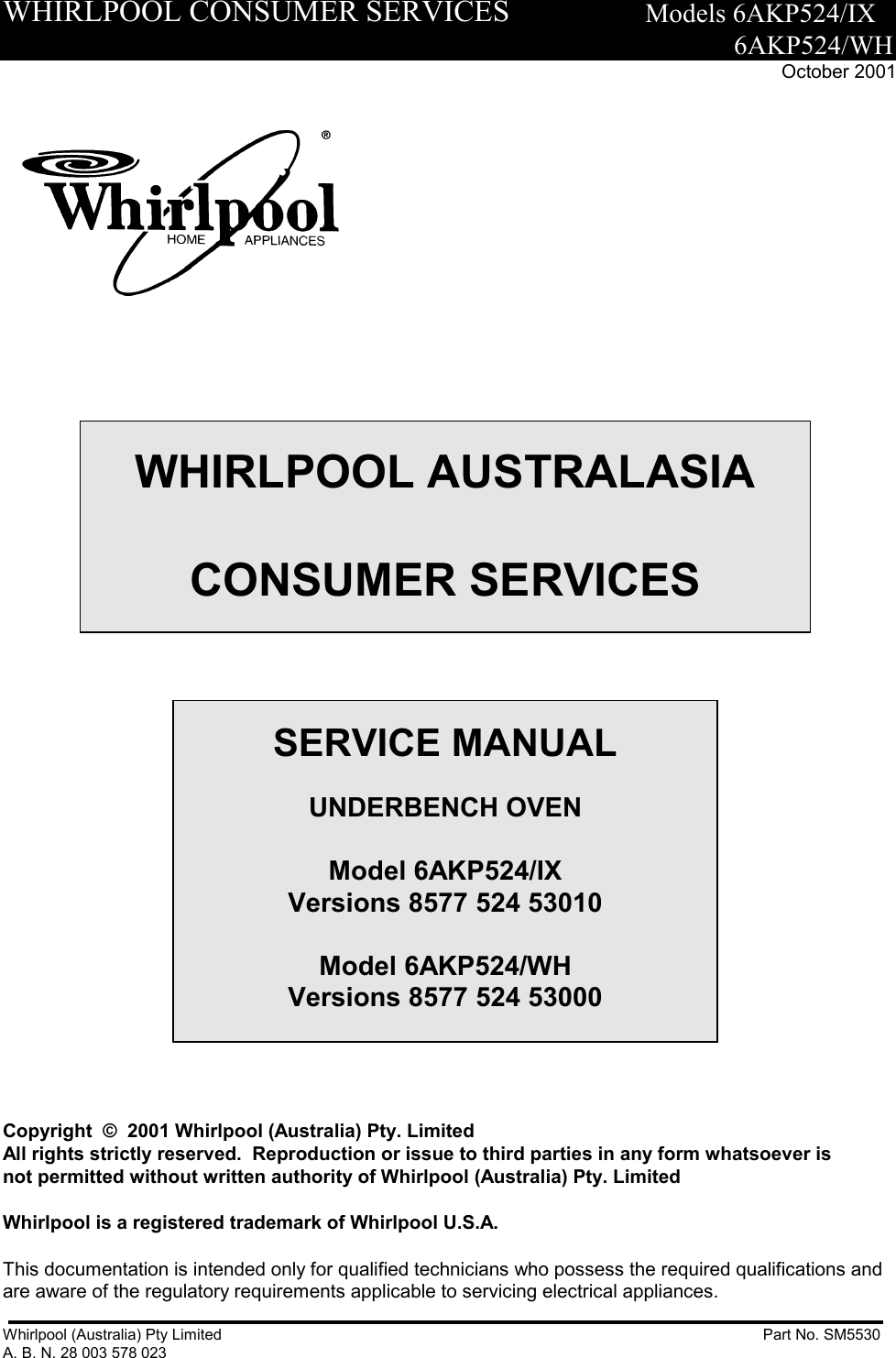 Page 1 of 6 - Whirlpool Whirlpool-Whirlpool-Oven-6Akp524-Ix-Users-Manual SM5530