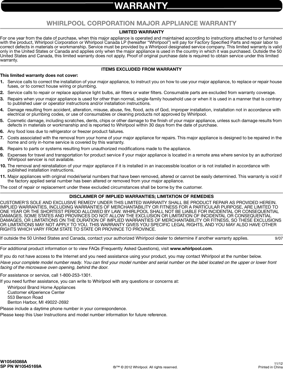 Whirlpool Wmh76718As Owner S Manual W10545088A GMH6185XV_WMH76718A UG EN