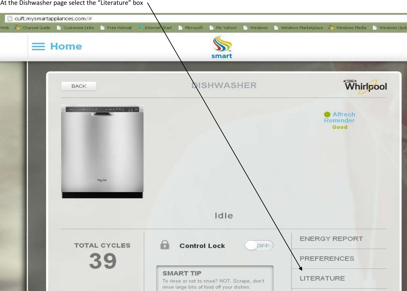  At the Dishwasher page select the &ldquo;Literature&rdquo; box   