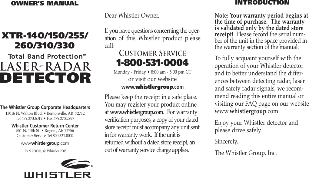Page 1 of 9 - Whistler Whistler-Xtr-150-Users-Manual-  Whistler-xtr-150-users-manual