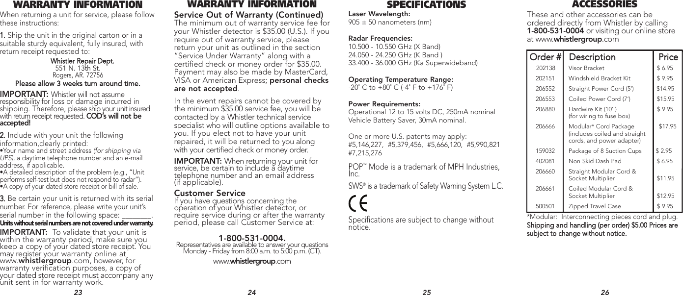 Page 9 of 9 - Whistler Whistler-Xtr-150-Users-Manual-  Whistler-xtr-150-users-manual