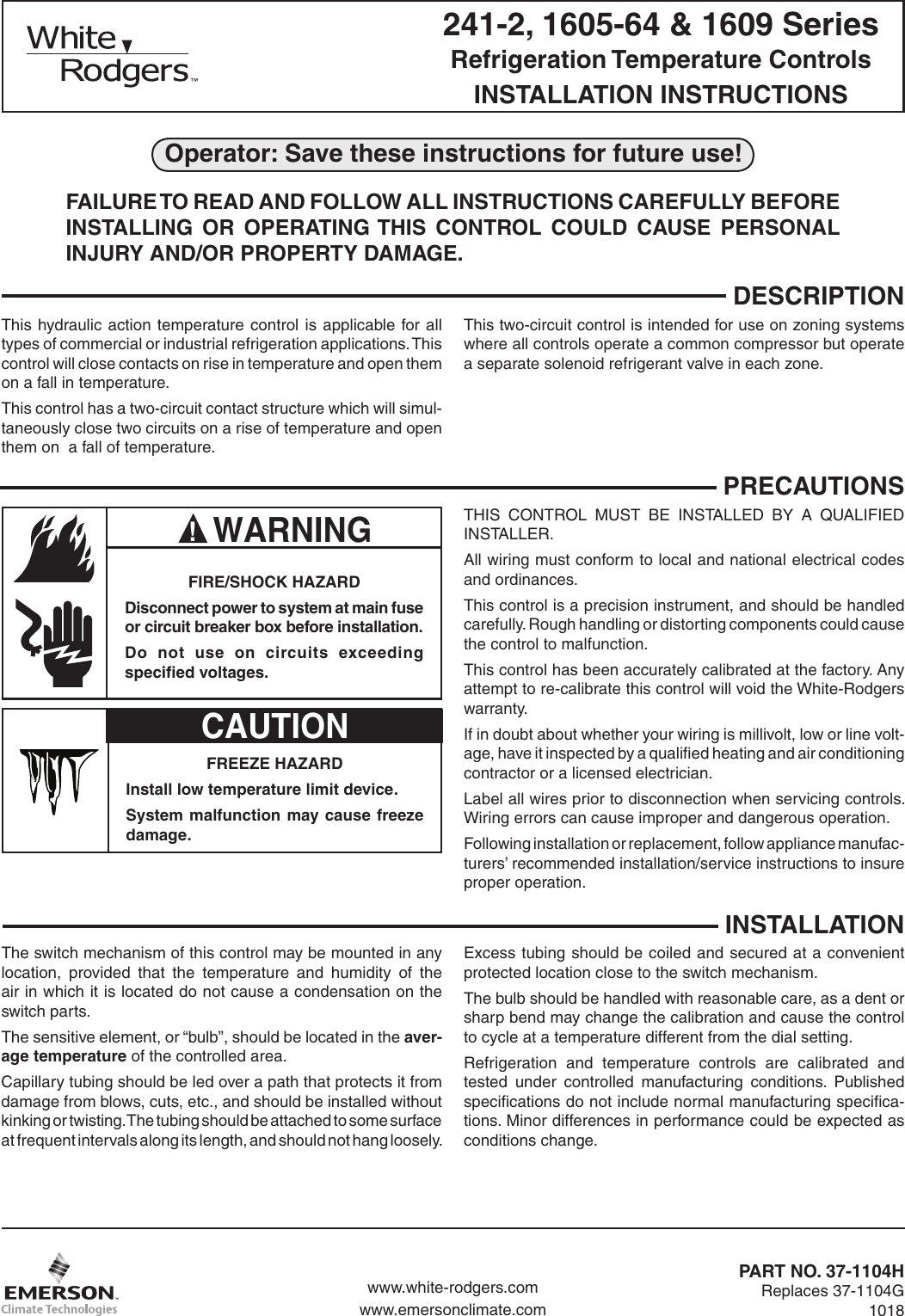 Page 1 of 8 - White-Rodgers White-Rodgers-1609-101-Refrigeration-Temperature-Controls-Installation-Instructions- 241_2_1609_1605_64_37_1104H_en_fr_sp  White-rodgers-1609-101-refrigeration-temperature-controls-installation-instructions