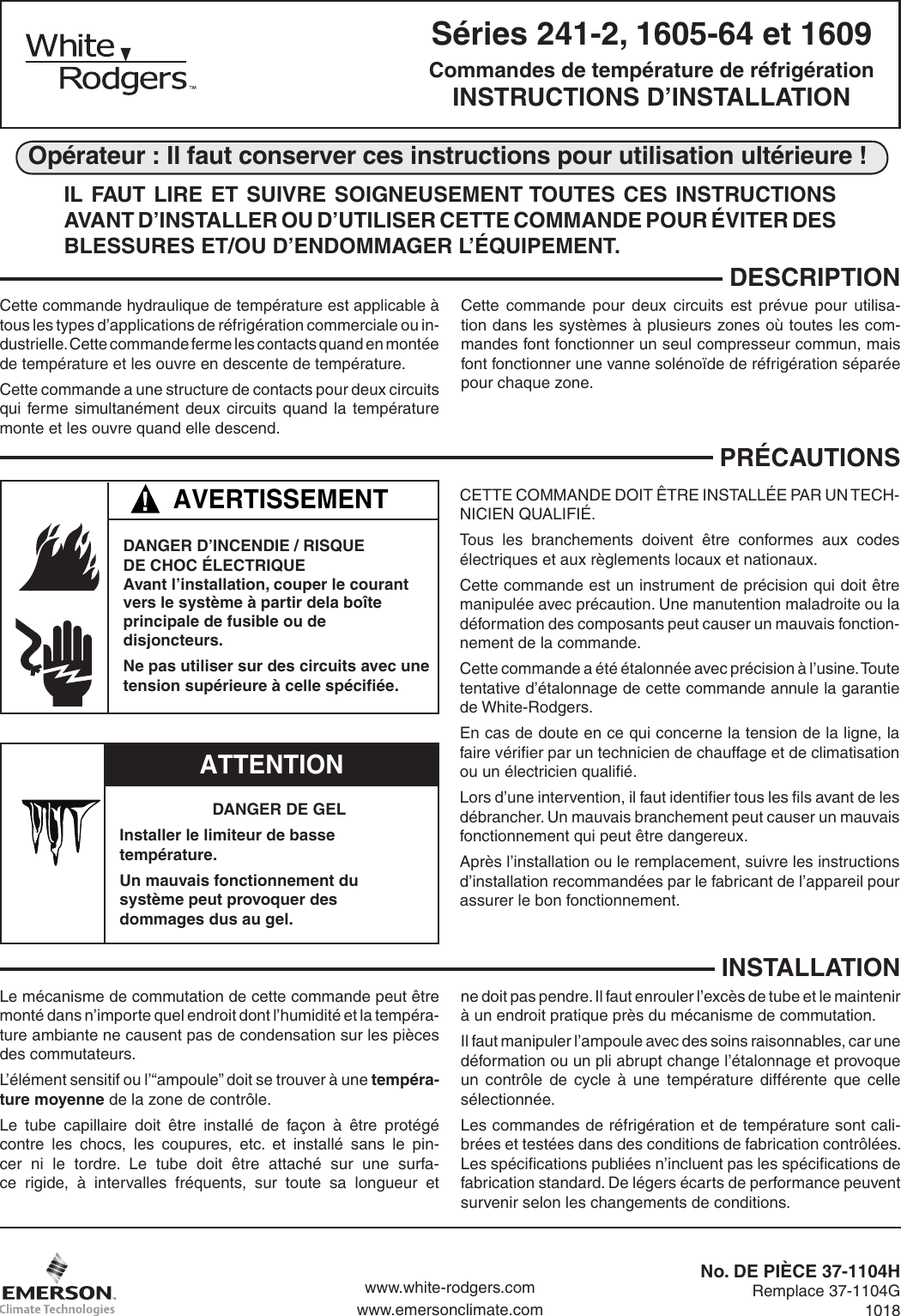 Page 3 of 8 - White-Rodgers White-Rodgers-1609-101-Refrigeration-Temperature-Controls-Installation-Instructions- 241_2_1609_1605_64_37_1104H_en_fr_sp  White-rodgers-1609-101-refrigeration-temperature-controls-installation-instructions