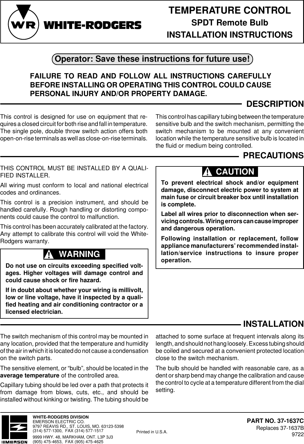 Page 1 of 6 - White-Rodgers White-Rodgers-1687-9-Refrigeration-Temperature-Controls-Installation-Instructions- 2A38/445/1687 (37-1637C)  White-rodgers-1687-9-refrigeration-temperature-controls-installation-instructions