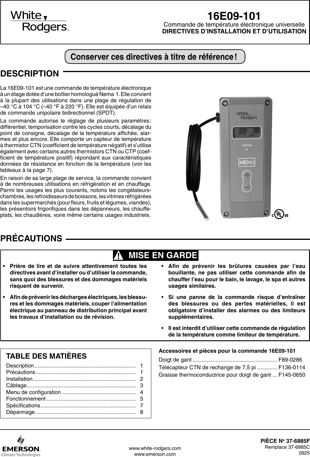 White Rodgers 16E09 101 Electronic Temperature Control Installation Instructions