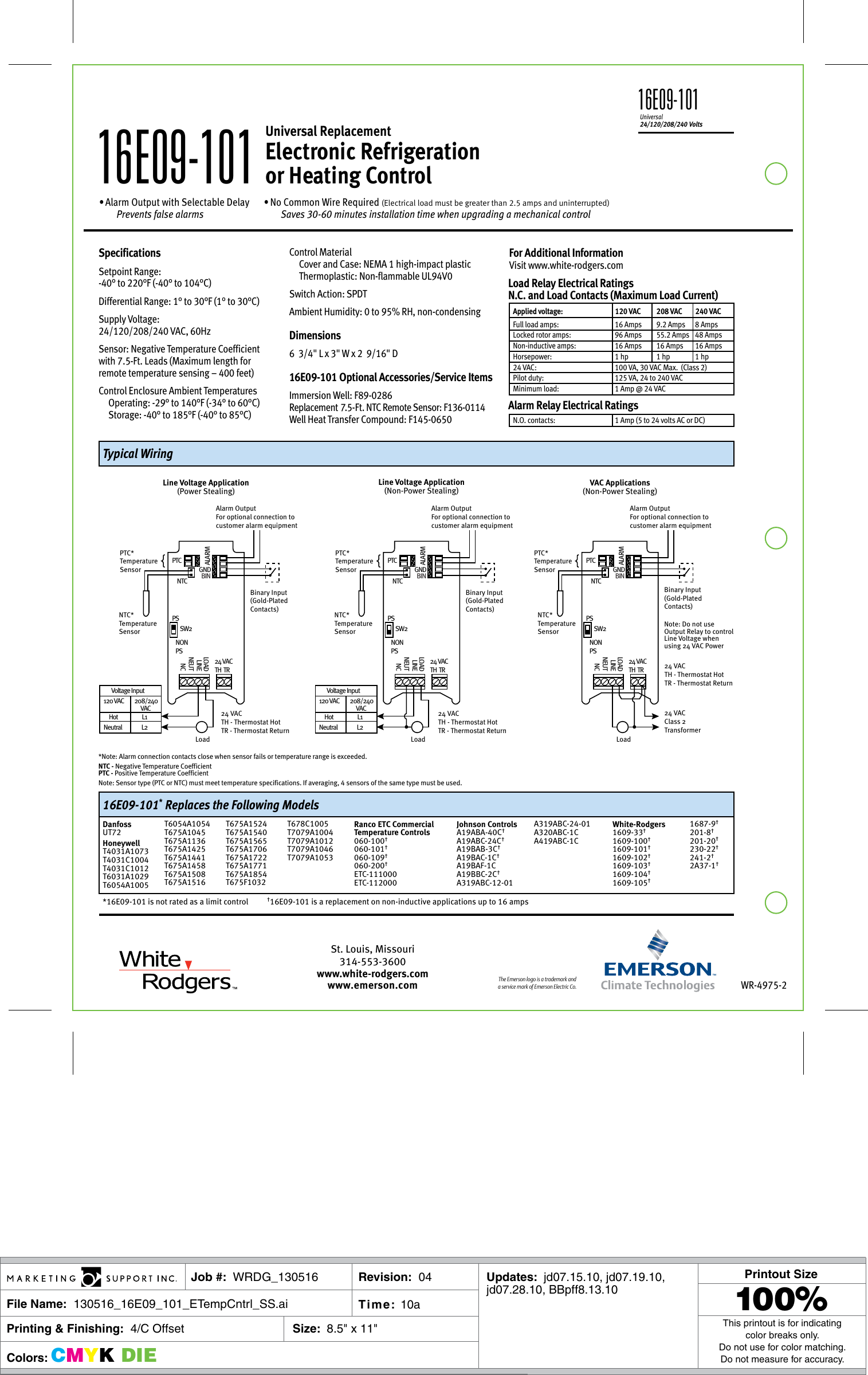 White Rodgers 16E09 101 Electronic Temperature Control Specification Sheet 130516_16E09_101
