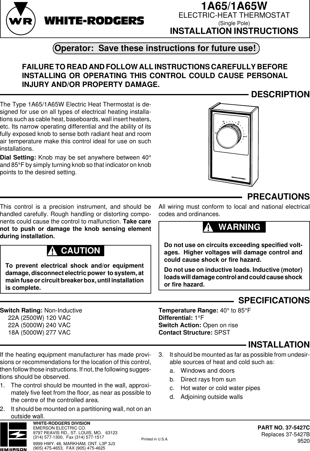 White Rodgers 1A65 Users Manual 37 5427C