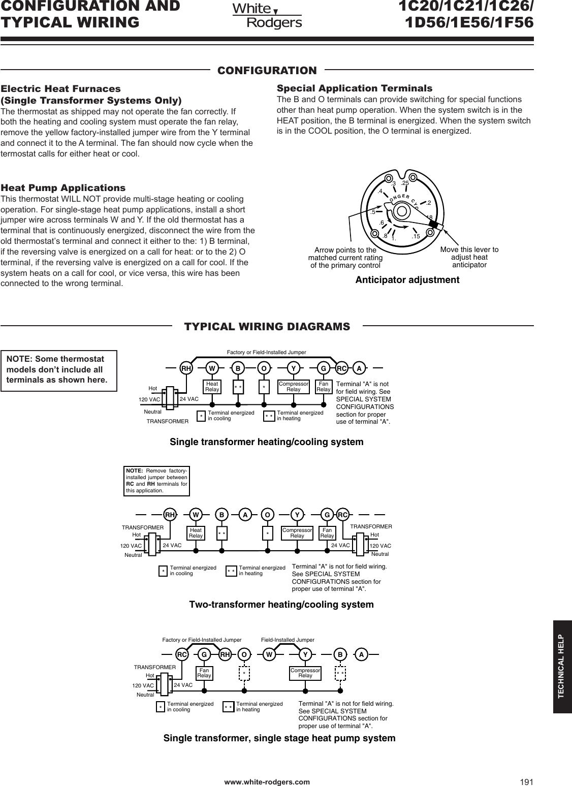 White Rodgers 1C20 101 Single Stage Setpoint Thermostat Supplemental Wiring