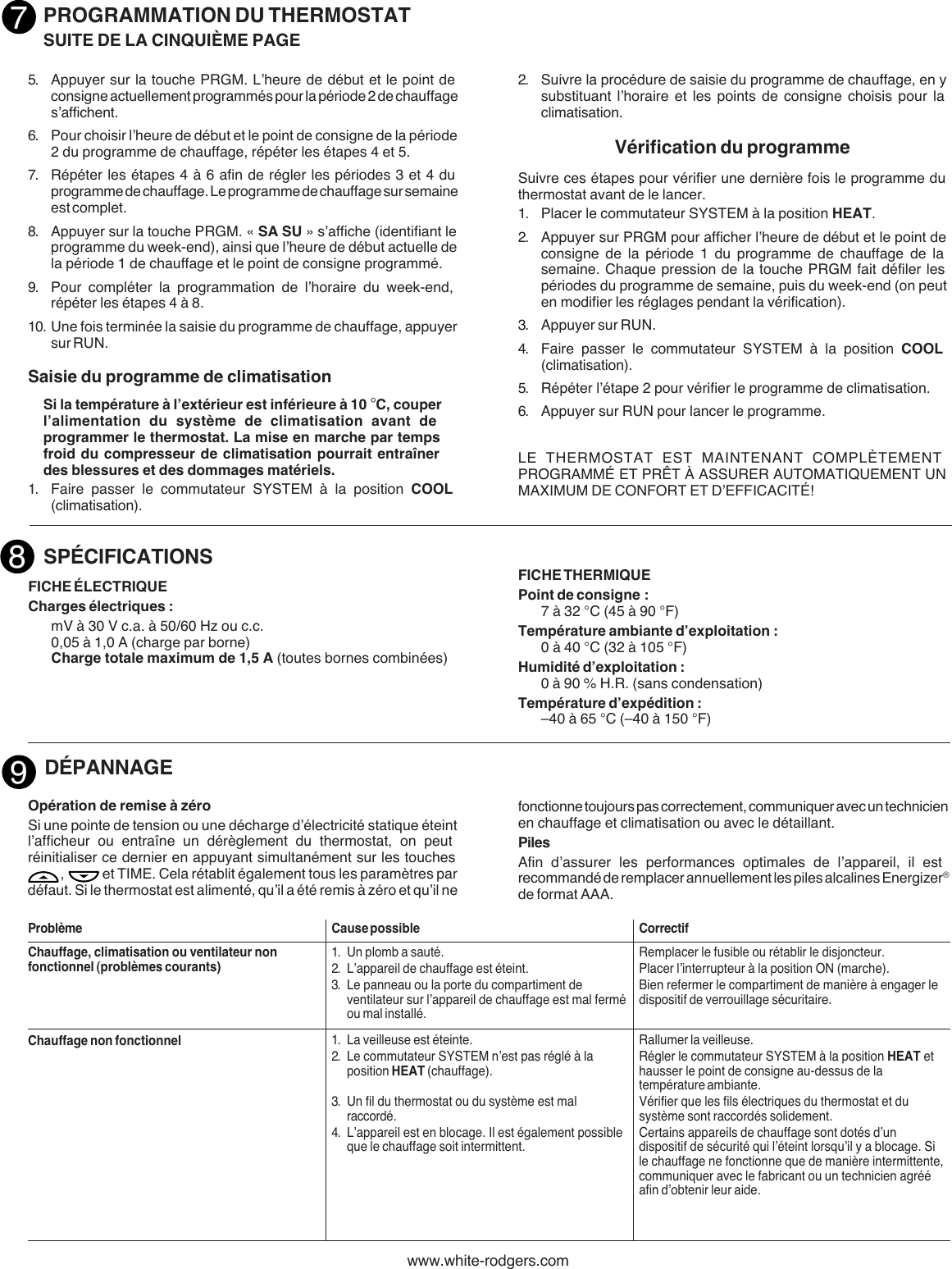 White Rodgers 1e78 151 70 Series Single Stage Thermostat Installation And Operation Instructions French 1e78 37 9798a