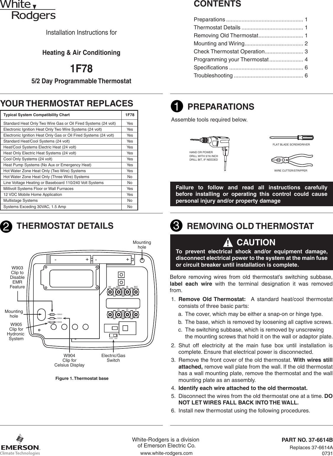 White Rodgers 1 F 78 Users Manual 1F78 151_37 6614B