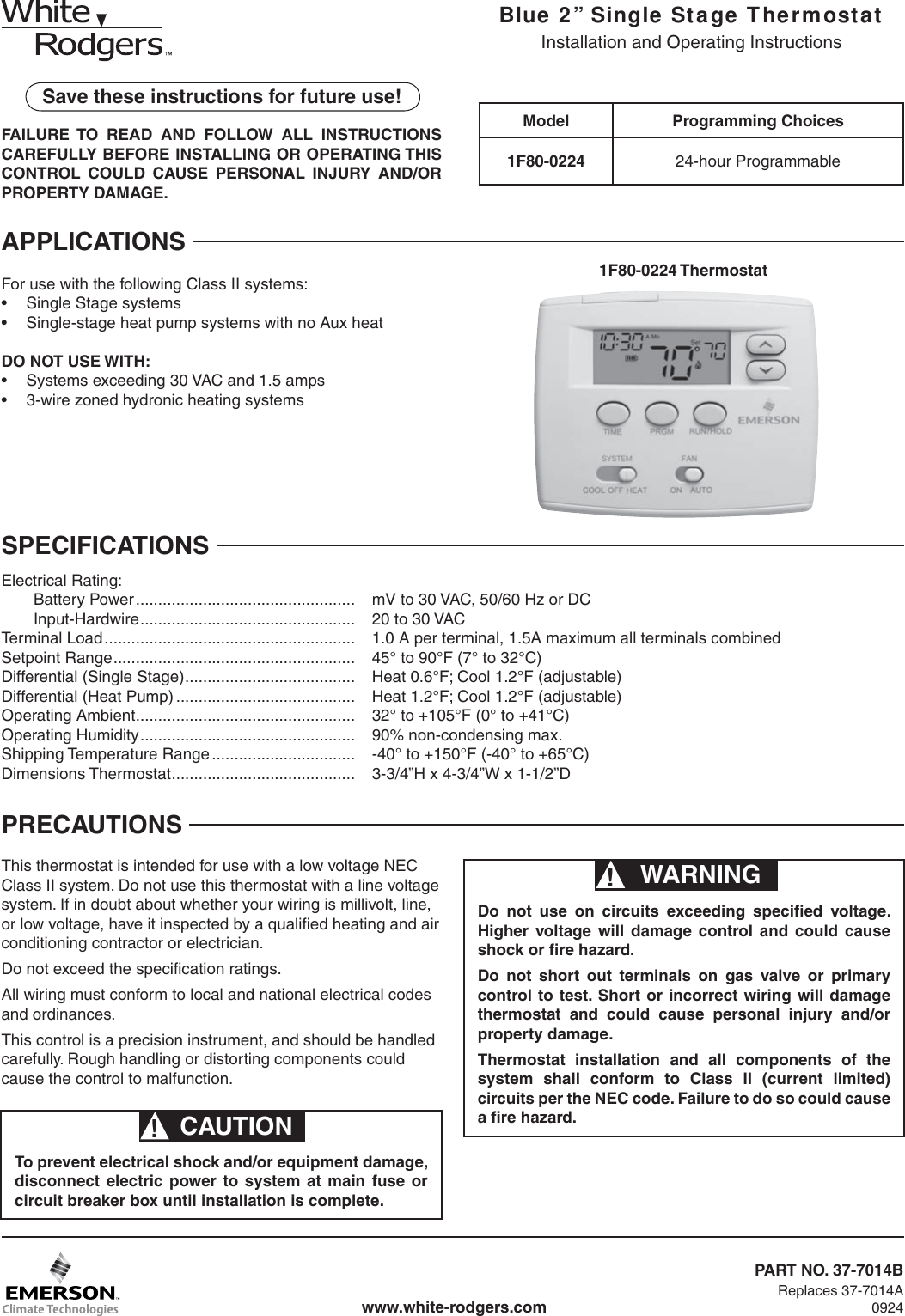 Page 1 of 12 - White-Rodgers White-Rodgers-1F80-0224-Emerson-Blue-2-Single-Stage-Thermostat-Installation-And-Operation-Instructions- 1F80-0224_37-7014B  White-rodgers-1f80-0224-emerson-blue-2-single-stage-thermostat-installation-and-operation-instructions