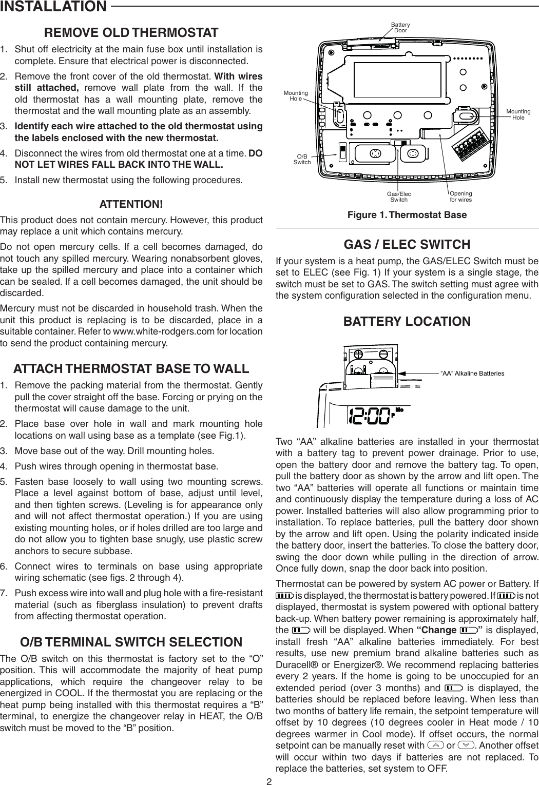 Page 2 of 12 - White-Rodgers White-Rodgers-1F80-0261-Emerson-Blue-2-Single-Stage-Thermostat-Installation-And-Operation-Instructions- 1F80-0261_37-7009B  White-rodgers-1f80-0261-emerson-blue-2-single-stage-thermostat-installation-and-operation-instructions