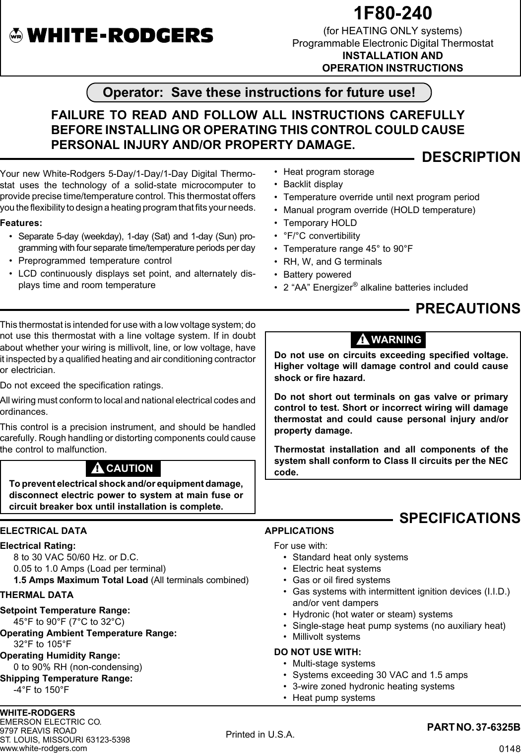 Page 1 of 8 - White-Rodgers White-Rodgers-1F80-240-Users-Manual- 1F80-240 37-6325B  White-rodgers-1f80-240-users-manual