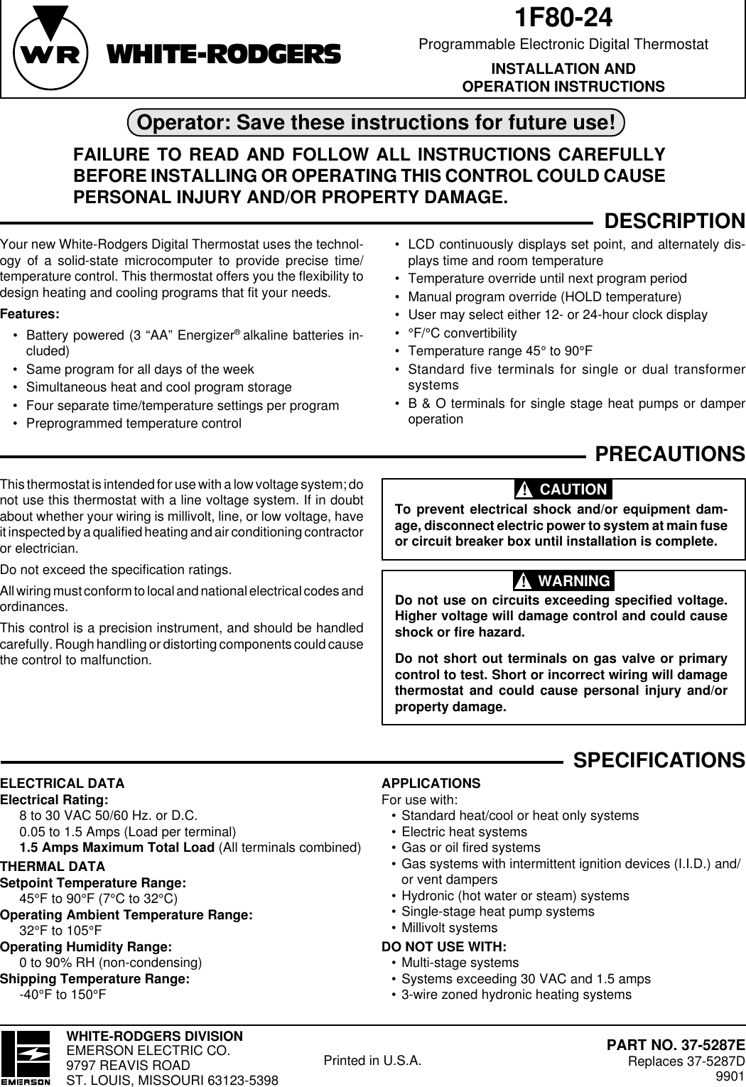 Page 1 of 6 - White-Rodgers White-Rodgers-1F80-24-Installation-And-Operation-Manual- 1F80-24 (37-5287E)  White-rodgers-1f80-24-installation-and-operation-manual