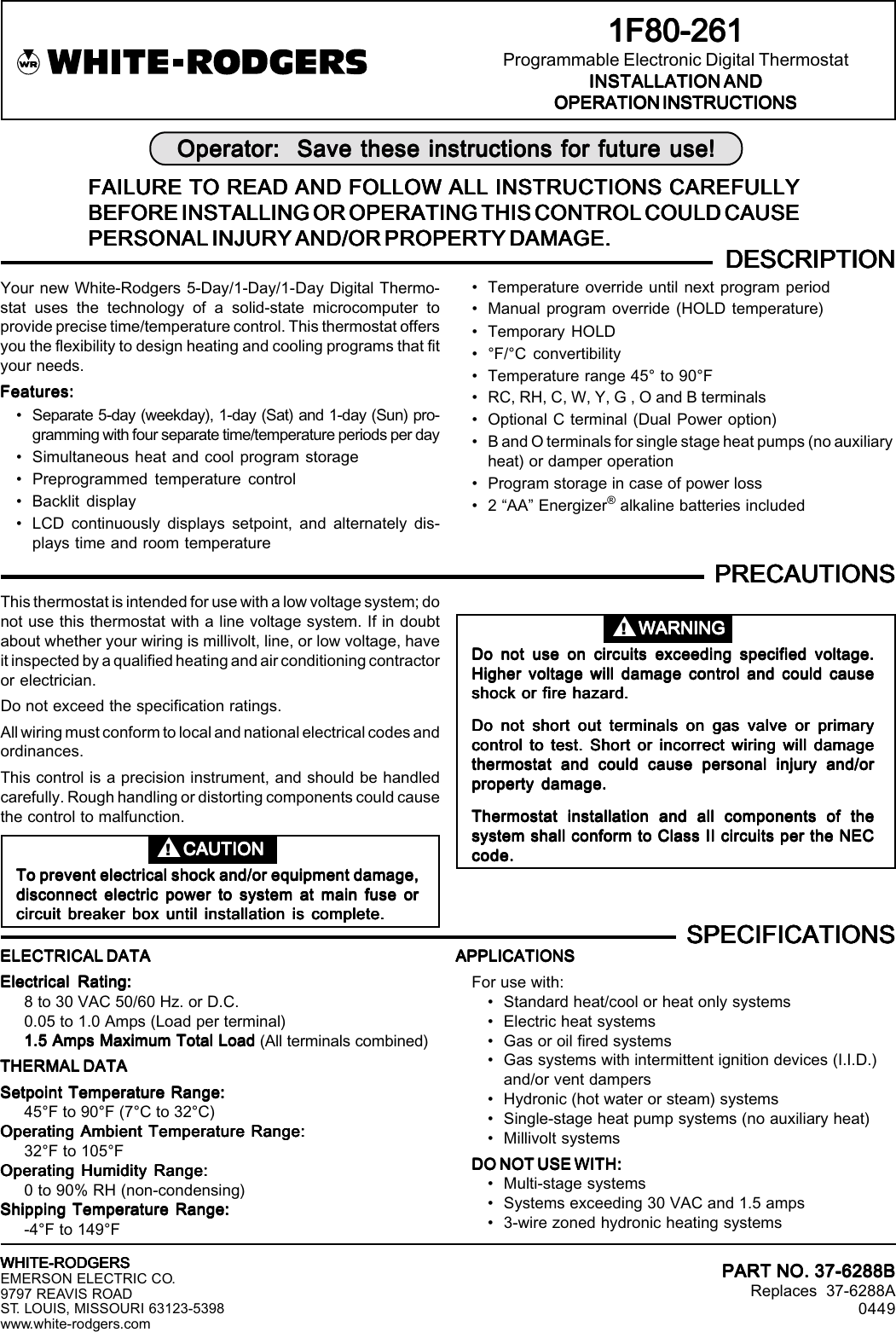 Page 1 of 8 - White-Rodgers White-Rodgers-1F80-261-Installation-Manual- 37-6288  White-rodgers-1f80-261-installation-manual