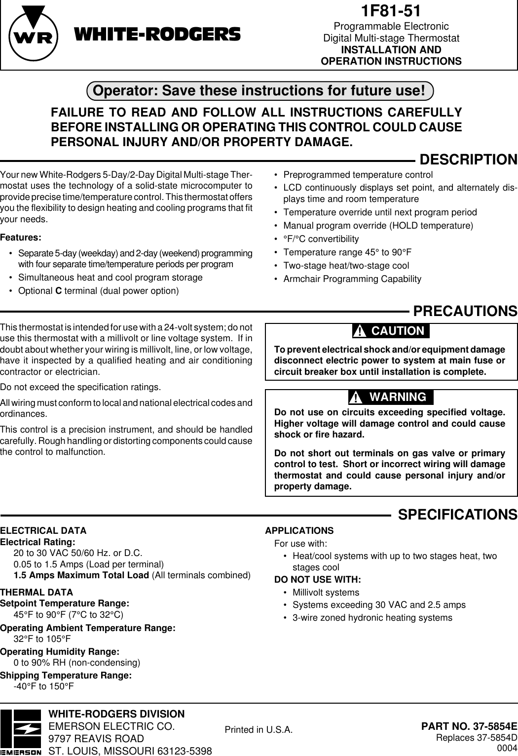 Page 1 of 8 - White-Rodgers White-Rodgers-1F81-51-Users-Manual- 1F81-51 (37-5854C)  White-rodgers-1f81-51-users-manual