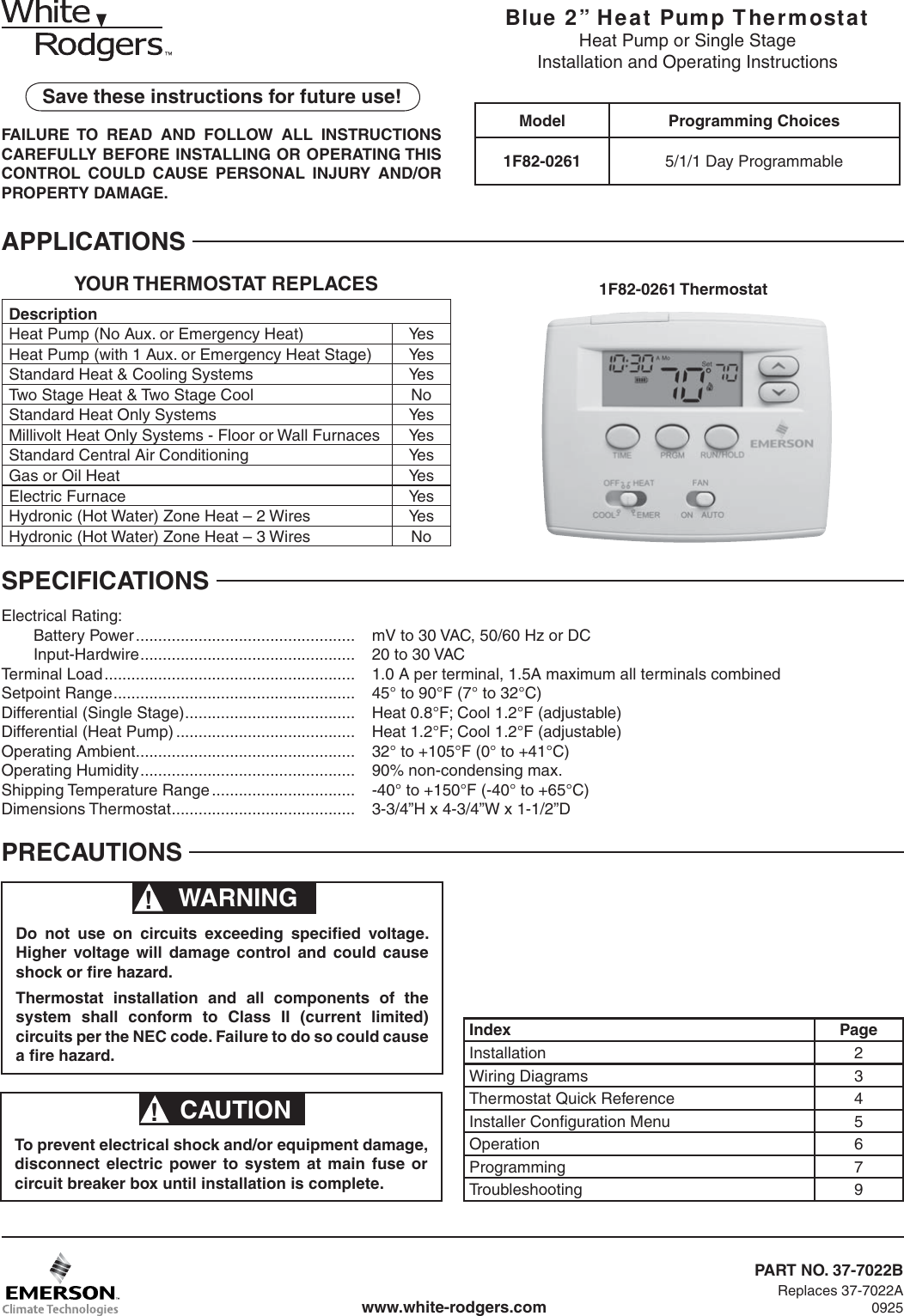 Page 1 of 12 - White-Rodgers White-Rodgers-1F82-0261-Users-Manual- 1F82_0261_37-7022B  White-rodgers-1f82-0261-users-manual