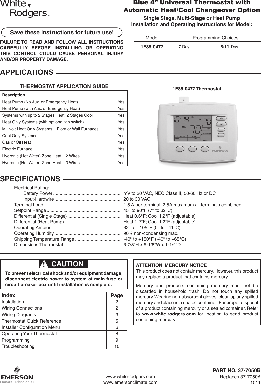 White Rodgers 1F85 0477 Users Manual 1F85_0477_37 7050B