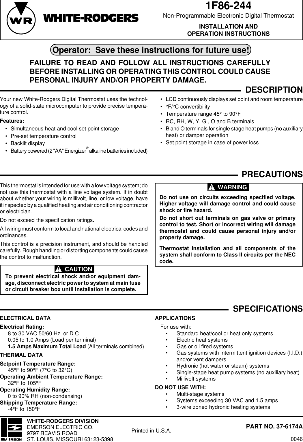 Page 1 of 6 - White-Rodgers White-Rodgers-1F86-244-Users-Manual- 1F86-244 (37-6174A)  White-rodgers-1f86-244-users-manual