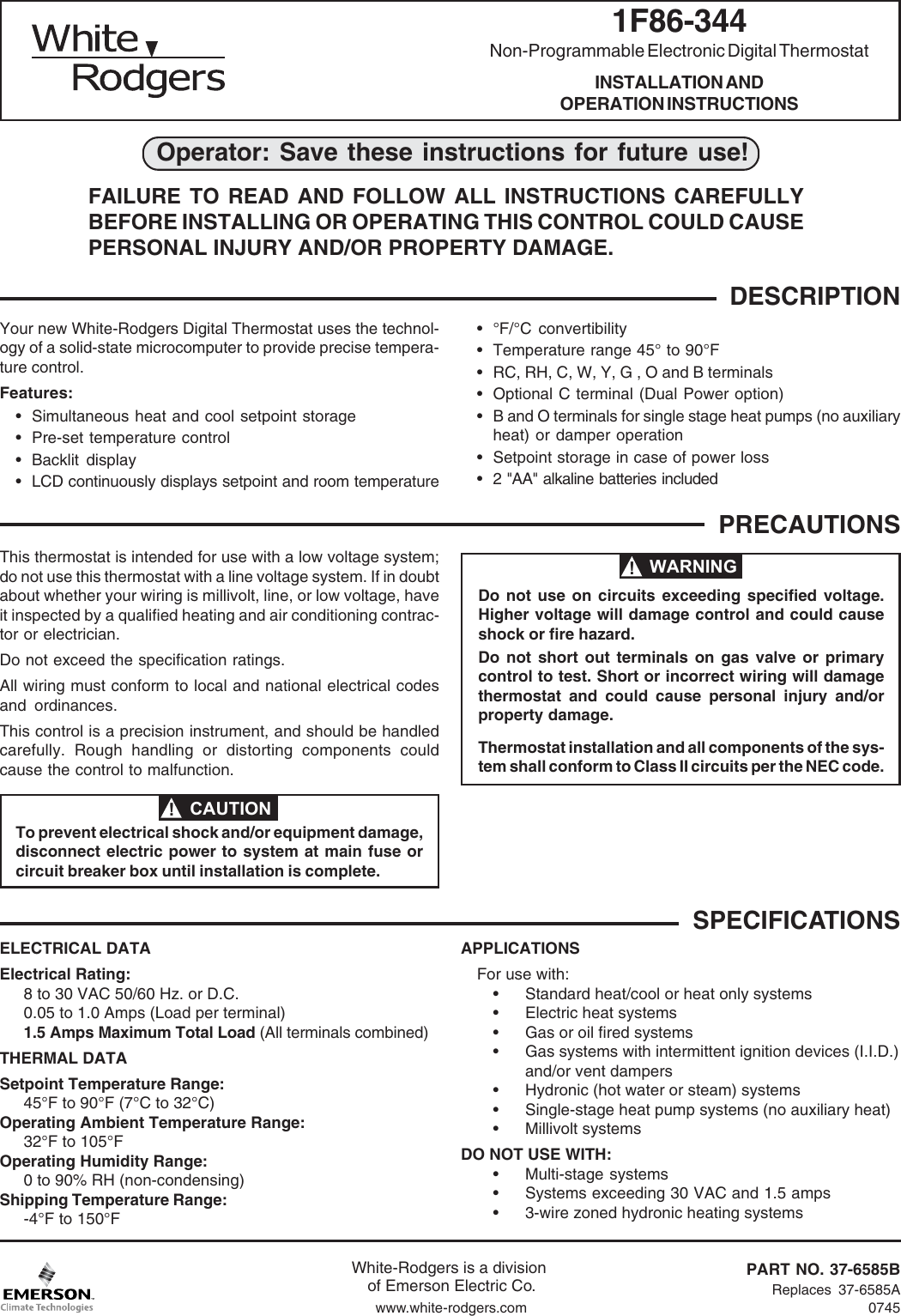 Page 1 of 12 - White-Rodgers White-Rodgers-1F86-344-White-Rodgers-80-Series-Non-Programmable-Single-Stage-Thermostat-Installation-And-Operation-Instructions- 1F86-344_37-6585B.pmd  White-rodgers-1f86-344-white-rodgers-80-series-non-programmable-single-stage-thermostat-installation-and-operation-instructions