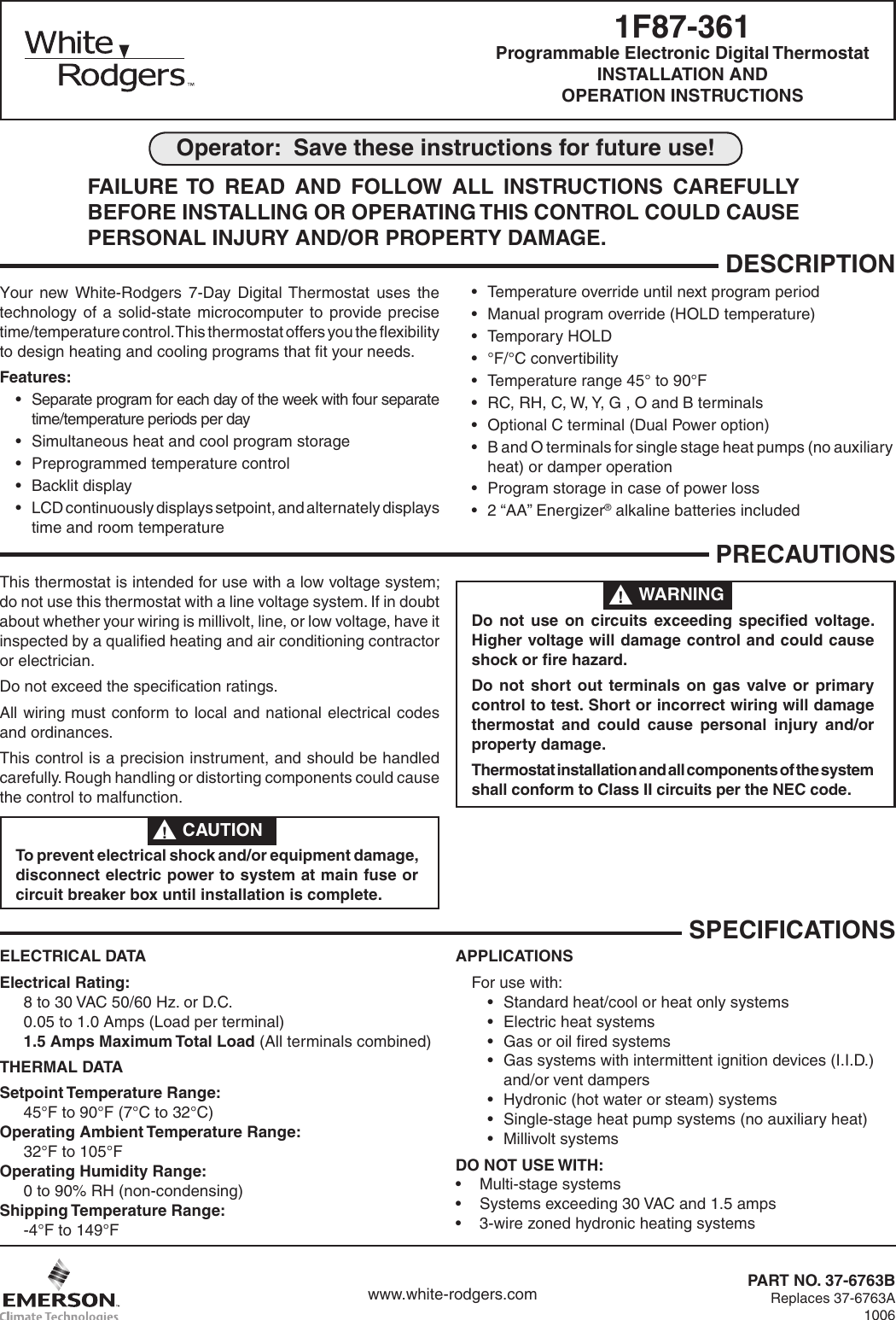 Page 1 of 8 - White-Rodgers White-Rodgers-1F87-361-White-Rodgers-80-Series-Single-Stage-Thermostat-Installation-And-Operation-Instructions- 1F87_361_37-6763B  White-rodgers-1f87-361-white-rodgers-80-series-single-stage-thermostat-installation-and-operation-instructions