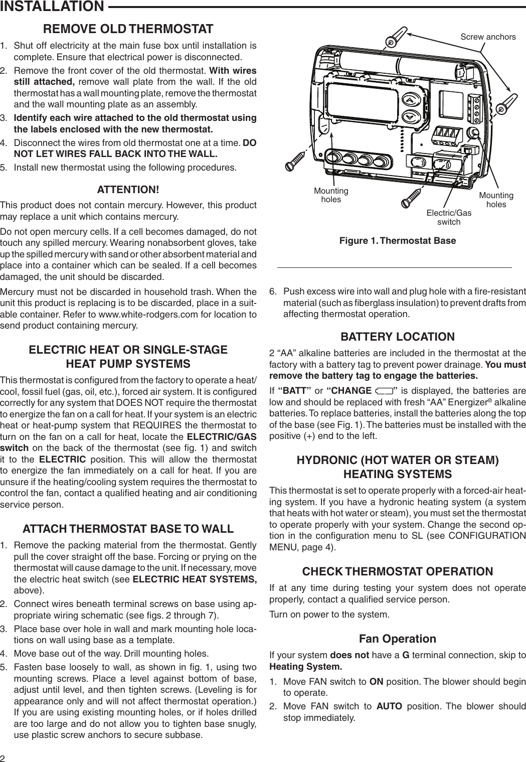 Page 2 of 8 - White-Rodgers White-Rodgers-1F87-361-White-Rodgers-80-Series-Single-Stage-Thermostat-Installation-And-Operation-Instructions- 1F87_361_37-6763B  White-rodgers-1f87-361-white-rodgers-80-series-single-stage-thermostat-installation-and-operation-instructions