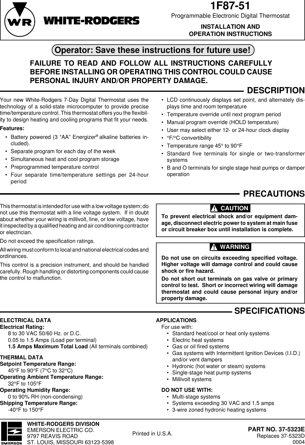 Page 1 of 8 - White-Rodgers White-Rodgers-1F87-51-Operating-Instructions- 1F87-51 (37-5323E)  White-rodgers-1f87-51-operating-instructions