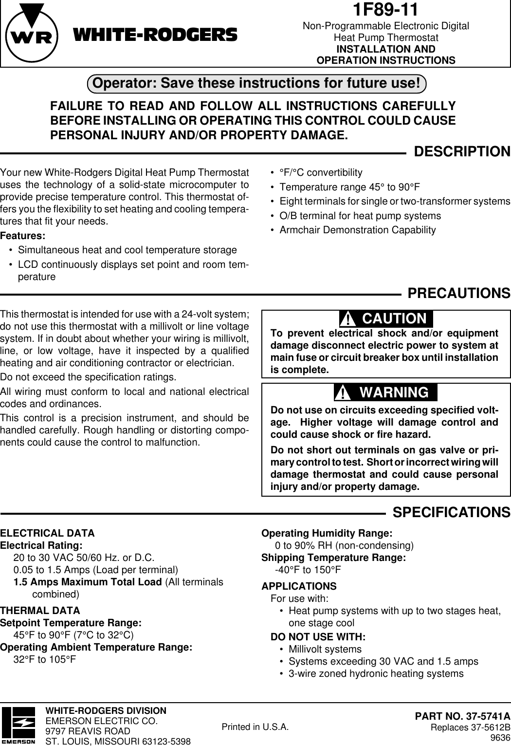 White Rodgers 1f89 11 Operating Instructions 37 5741a