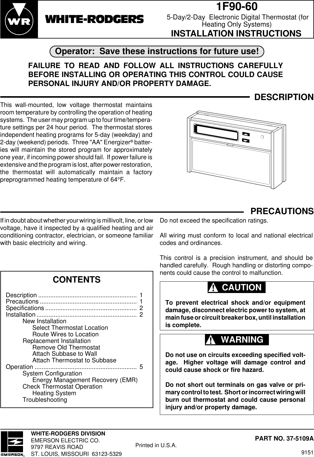 Page 1 of 6 - White-Rodgers White-Rodgers-1F90-60-Users-Manual- 37-5109A  White-rodgers-1f90-60-users-manual