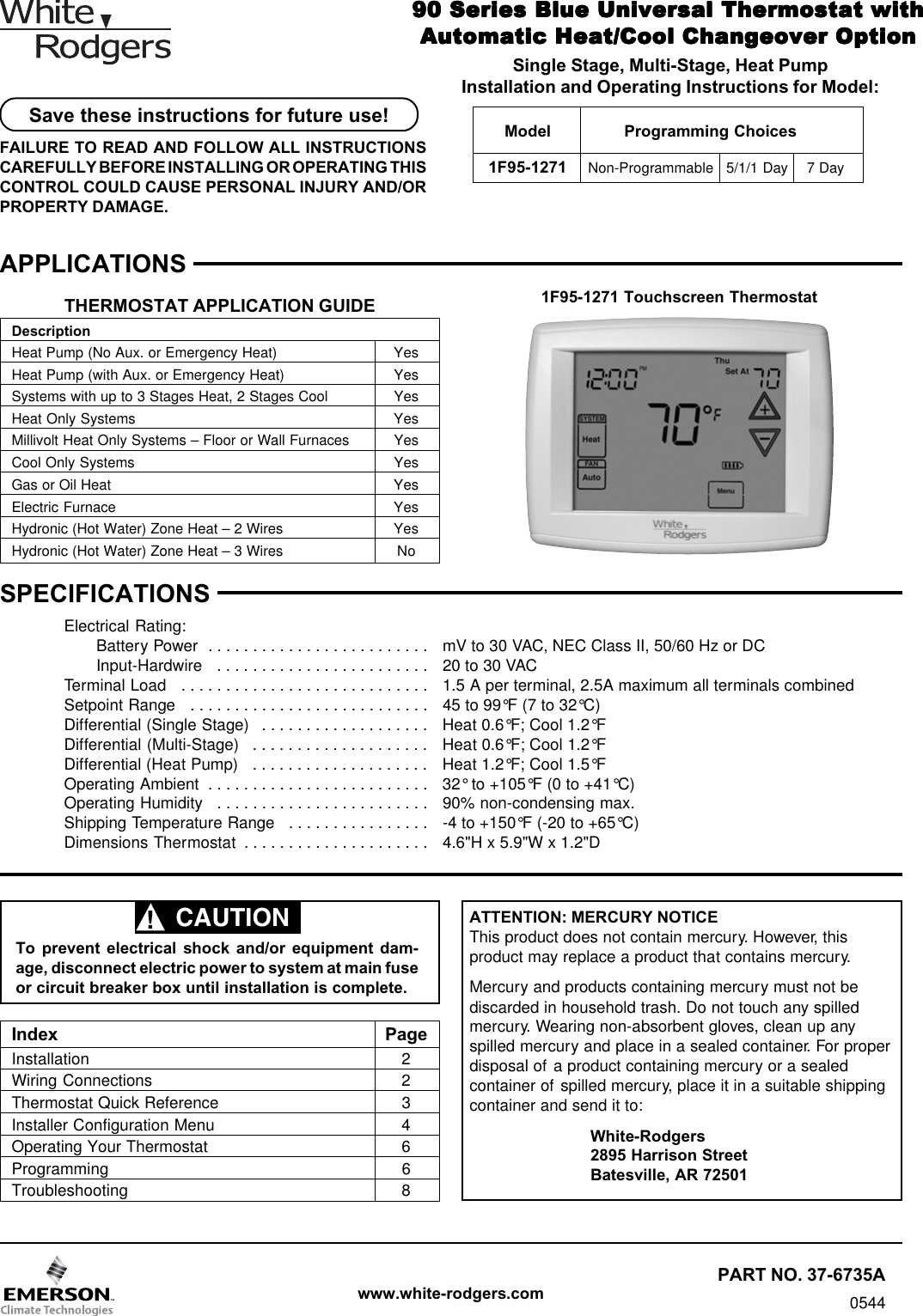 White Rodgers 1F95 1271 Operating Instructions 37 6426