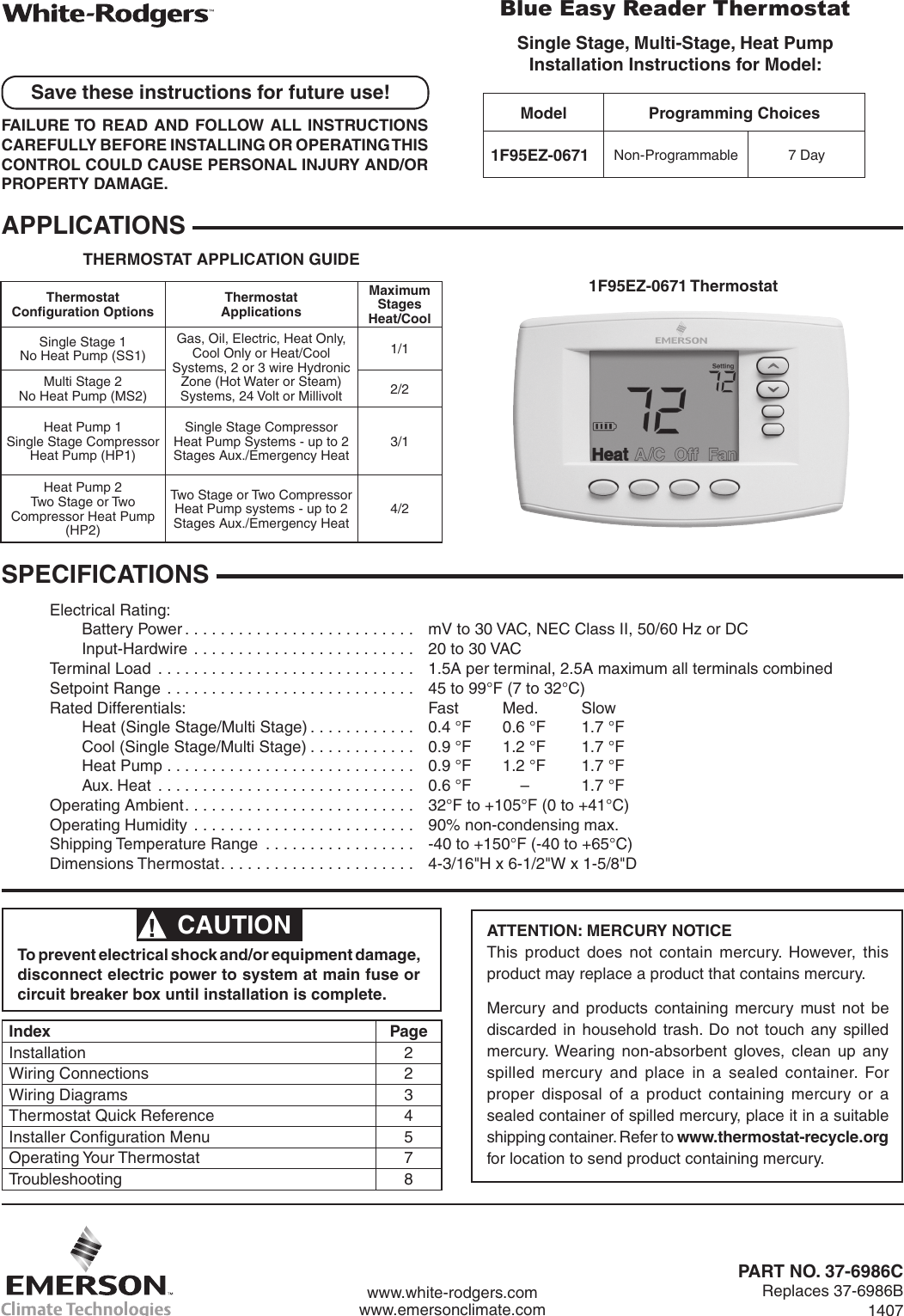 Page 1 of 8 - White-Rodgers White-Rodgers-1F95Ez-0671-Emerson-Blue-Easy-Reader-Thermostat-Installation-Instructions- 1F95EZ_0671_37-6986C  White-rodgers-1f95ez-0671-emerson-blue-easy-reader-thermostat-installation-instructions