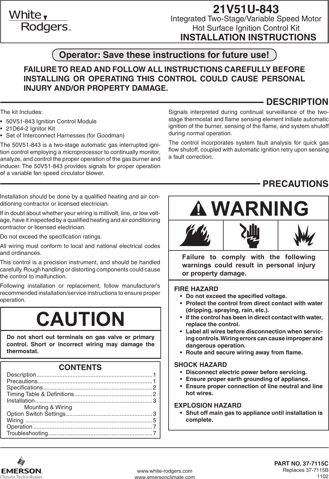 Page 1 of 8 - White-Rodgers White-Rodgers-21V51U-843-Universal-Two-Stage-Hsi-Integrated-Furnace-Control-Kit-Installation-Instructions- 21V51U-843_37-7115C  White-rodgers-21v51u-843-universal-two-stage-hsi-integrated-furnace-control-kit-installation-instructions