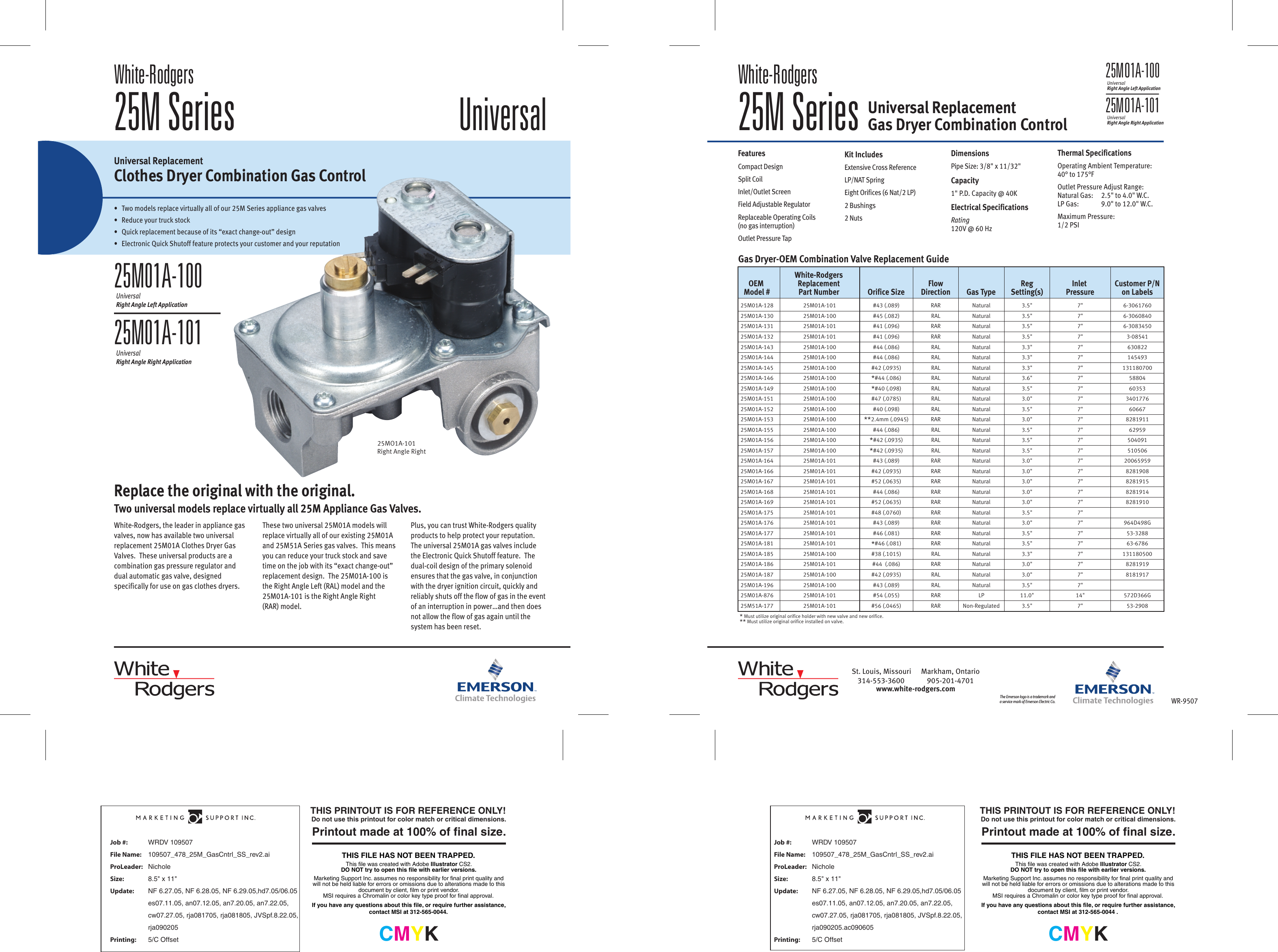 White Rodgers 25M01A 100 25M Gas Dryer Valves Specification Sheet