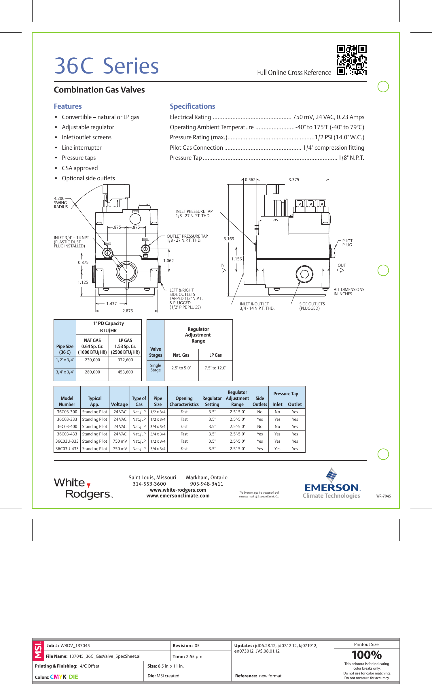 White Rodgers 36C03 300 Gas Valve Specification Sheet 137045_36C